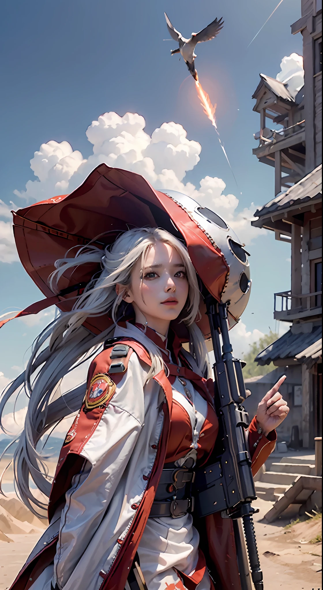 (Reality: 1.4), (RAW Photo, Best Quality), (Realistic, Photorealistic Real: 1.3), Best Quality, Highly Detailed, Masterpiece, Hyperdetail, Illustration, 1 Girl, Made Human, Smile, White Hair, Red Clothes, Red Tang Costume, Holding a Big Machine Gun, Big Machine Gun, Translation opens fire, upper_body, Dynamic Angle, World Mastery Theatre, flying long hair, Fluores cent Red, dynamic fire inbackground, best quality, extremely detailed CG uniform 8k wallpaper, ink, amazing, cinematic lighting, lens_flare, wuxia_style