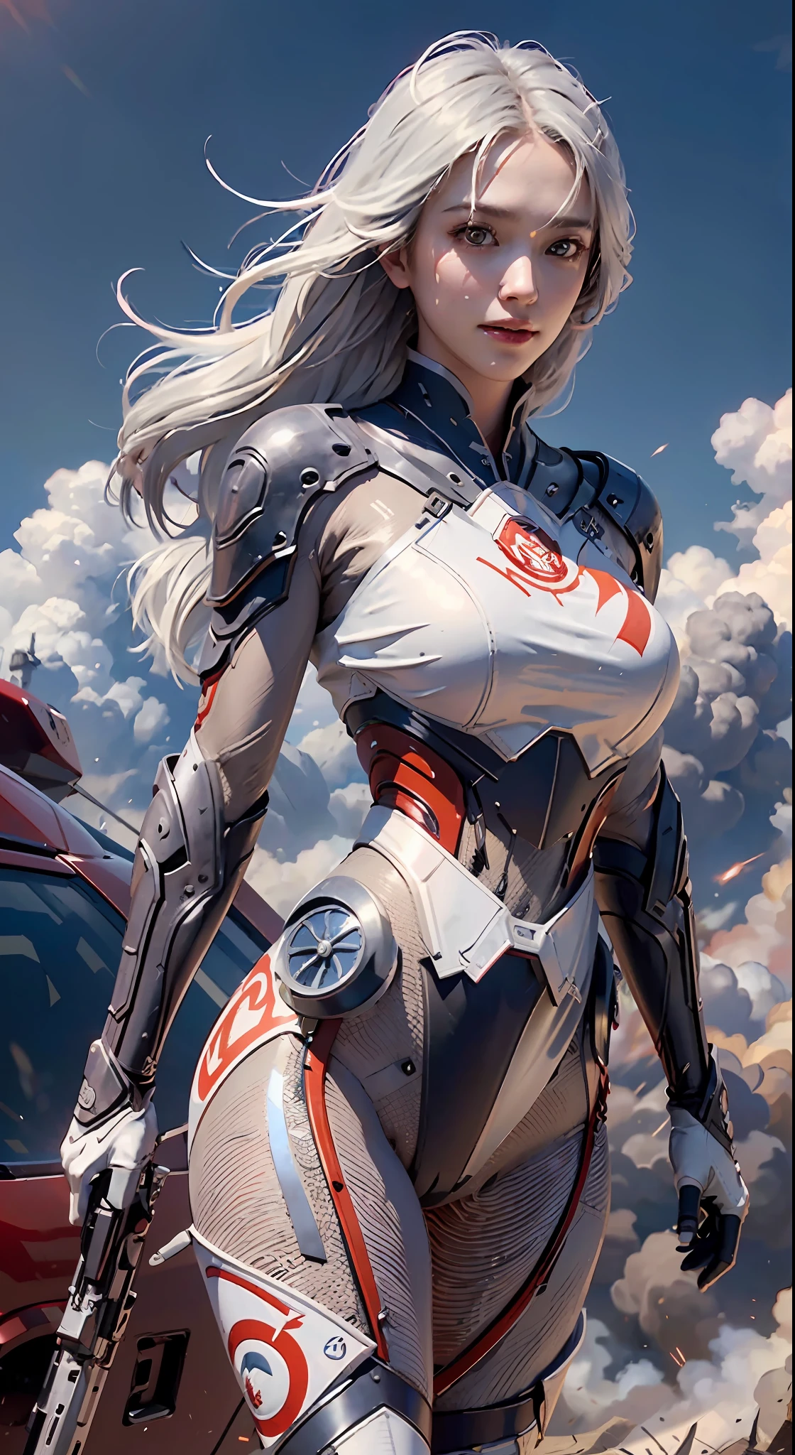 (Reality: 1.4), (RAW Photo, Best Quality), (Realistic, Photorealistic Real: 1.3), Best Quality, Highly Detailed, Masterpiece, Hyperdetail, Illustration, 1 Girl, Made Human, Smile, White Hair, Red Clothes, Red Tang Costume, Holding a Big Machine Gun, Big Machine Gun, Translation opens fire, upper_body, Dynamic Angle, World Mastery Theatre, flying long hair, Fluores cent Red, dynamic fire inbackground, best quality, extremely detailed CG uniform 8k wallpaper, ink, amazing, cinematic lighting, lens_flare, wuxia_style