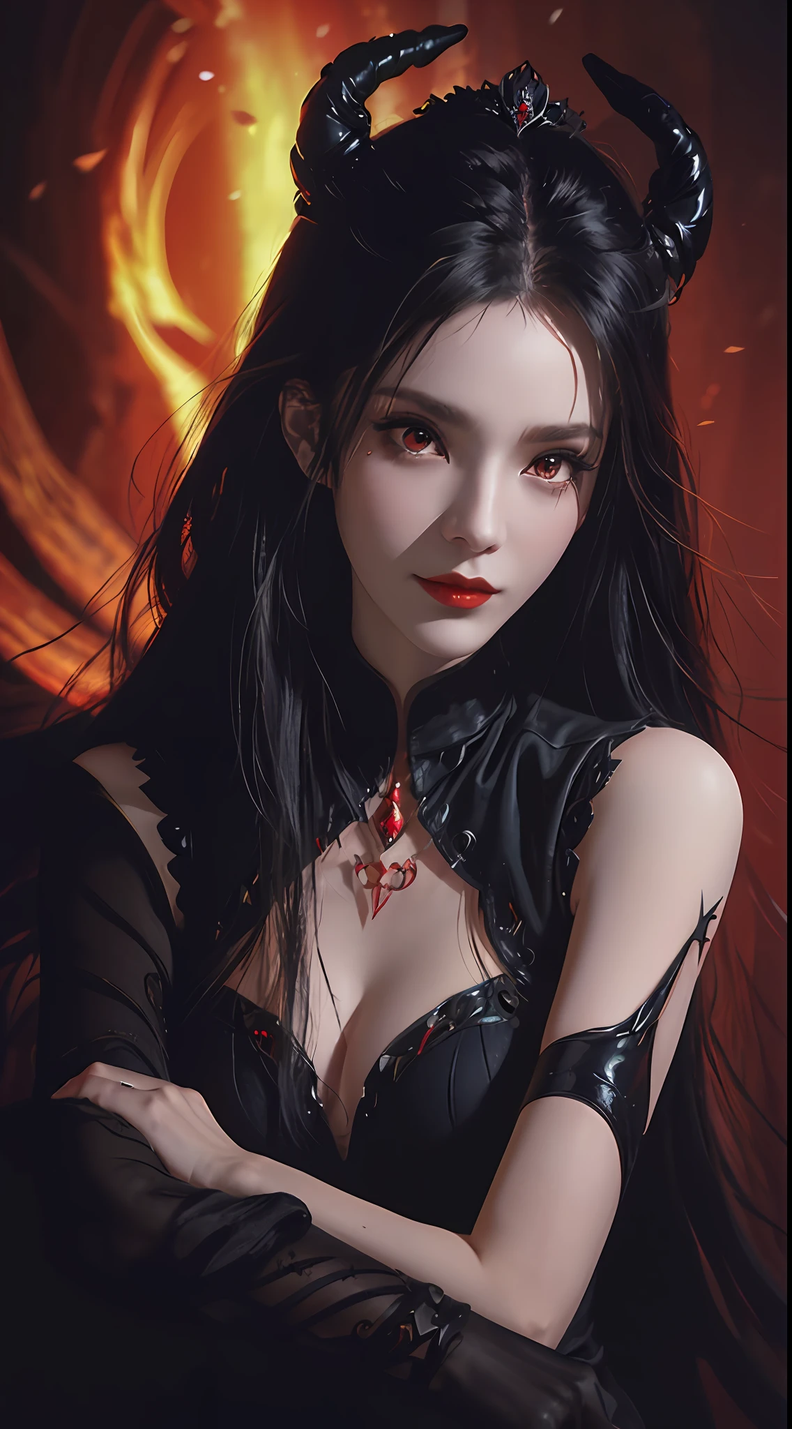 1 beautiful devil woman from hell, In the Dark: 1.6), surreal female portrait by David Hockney and Alphonse Mucha, fantasy art, korea doll, photorealism, dynamic lighting, artstation, poster, volumetric lighting, very detailed faces, 8k ultra, Awarded, in the dark, deep shadow, low key, cowboy lens, (Red phoenix dress: 1.4), long hair, black hair, bust, luxurious palace, Royal style, devil crown, red eyes make up very sharp and detailed, The most beautiful face, big and regular breasts, Super realistic, chinese women's clothing, polo neck sweater, Charming smile, The eyes are very well made up, guweiz, devil style, loong, wearing black mesh socks, 2 bangs braided hair, Red black lips, Devil tattoo on shoulder, wearing a thin red and black robe, the landscape is overcast and thunderous, (Portrait), Close-up of the main character, (Background details 1.8), Hugging the heroine,