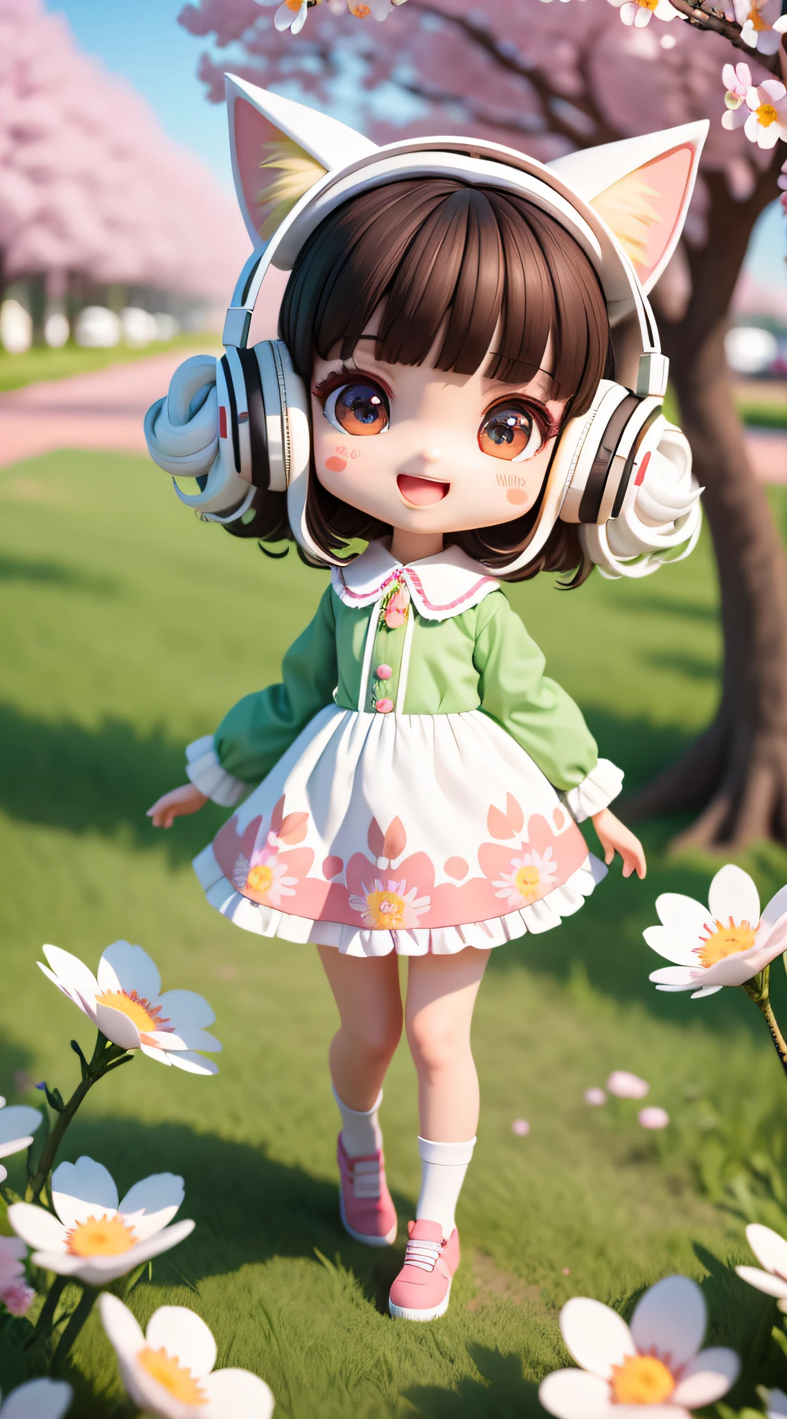 (masterpiece),(best quality),(ultra-detailed), (full body:1.2),
1girl,chibi,cute, smile, open mouth,
flower, outdoors, playing guitar, blush, tree, :3, shirt, short hair, cherry blossoms, green headwear, blurry, brown hair, blush stickers, long sleeves, bangs, headphones, black hair, pink,Wallpaper, phone wallpaper, Daily wallpaper, Q version, Anime hand-drawn, anime characters, Three heads, white hair, maid headdress, wide eyes, fox ears, bright pupils, anime, blind box toy style, perspective, Eye-Level Shot, UHD, retina, masterpiece, ccurate, textured skin, super detail, best quality, highres, HD, 4K, 8k
(beautiful detailed face), (beautiful detailed eyes),