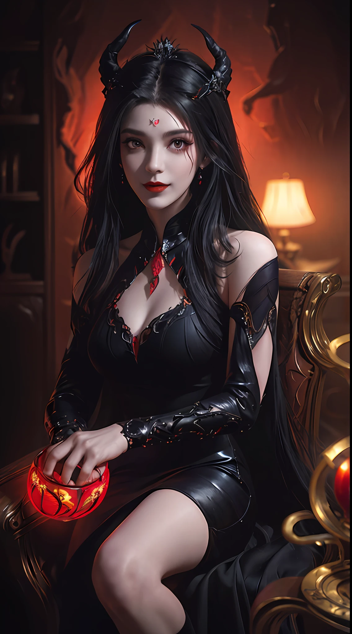 1 beautiful devil woman from hell, In the Dark: 1.6), surreal female portrait by David Hockney and Alphonse Mucha, fantasy art, korea doll, photorealism, dynamic lighting, artstation, poster, volumetric lighting, very detailed faces, 8k ultra, Awarded, in the dark, deep shadow, low key, cowboy lens, (Red phoenix dress: 1.4), long hair, black hair, bust, luxurious palace, Royal style, devil  crown, red eyes make up very sharp and detailed, The most beautiful face, big and regular breasts, Super realistic, chinese women's clothing, polo neck sweater, Charming smile, The eyes are very well made up, guweiz, devil style, loong, wearing black mesh socks, 2 bangs braided hair, Red black lips, Devil tattoo on shoulder, wearing a thin red and black robe, the landscape is overcast and thunderous, (Portrait), Close-up of the main character, (Background details 1.8), Hugging the heroine,