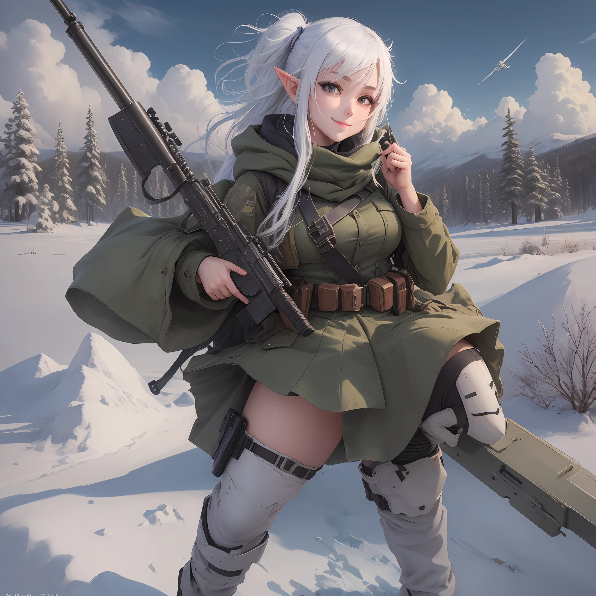 Anime girl, military outfit, white hair, elf ears, holding m4a1 rifle, snow field, big chests, naughty smile, full body --auto --s2