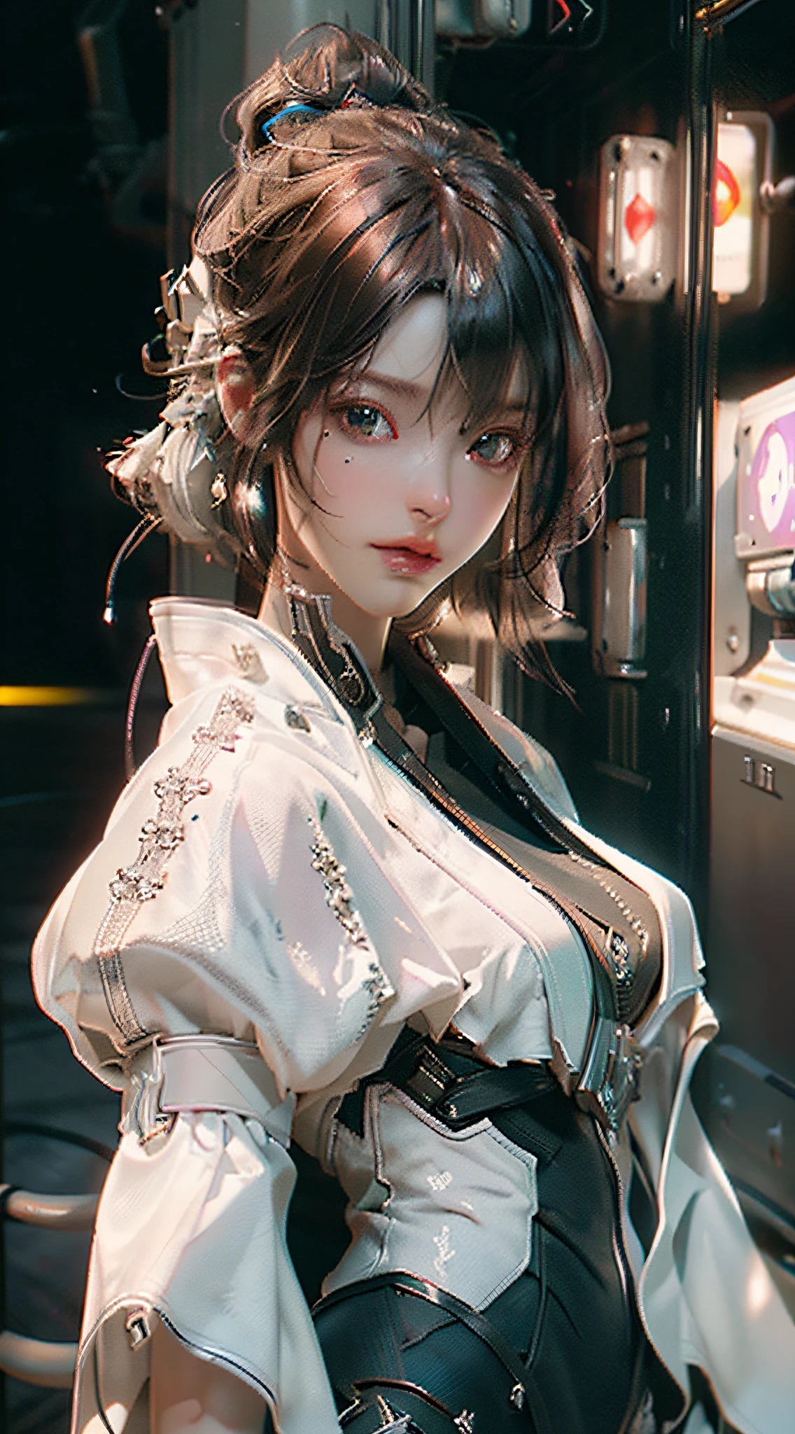 ((Best quality)), ((masterpiece)), (detailed:1.4), 3D, an image of a beautiful cyberpunk female,HDR (High Dynamic Range),Ray Tracing,NVIDIA RTX,Super-Resolution,Unreal 5,Subsurface scattering,PBR Texturing,Post-processing,Anisotropic Filtering,Depth-of-field,Maximum clarity and sharpness,Multi-layered textures,Albedo and Specular maps,Surface shading,Accurate simulation of light-material interaction,Perfect proportions,Octane Render,Two-tone lighting,Wide aperture,Low ISO,White balance,Rule of thirds,8K RAW,