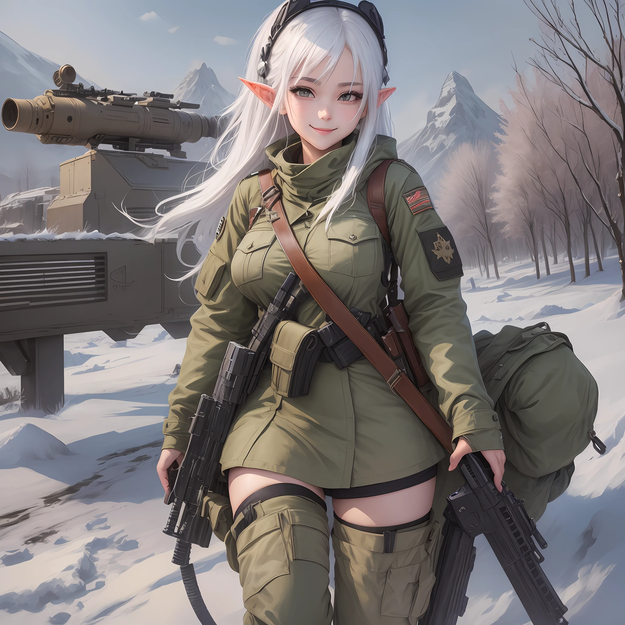 Anime girl, military outfit, white hair, elf ears, holding m4a1 rifle, snow field, big chests, naughty smile, full body --auto --s2