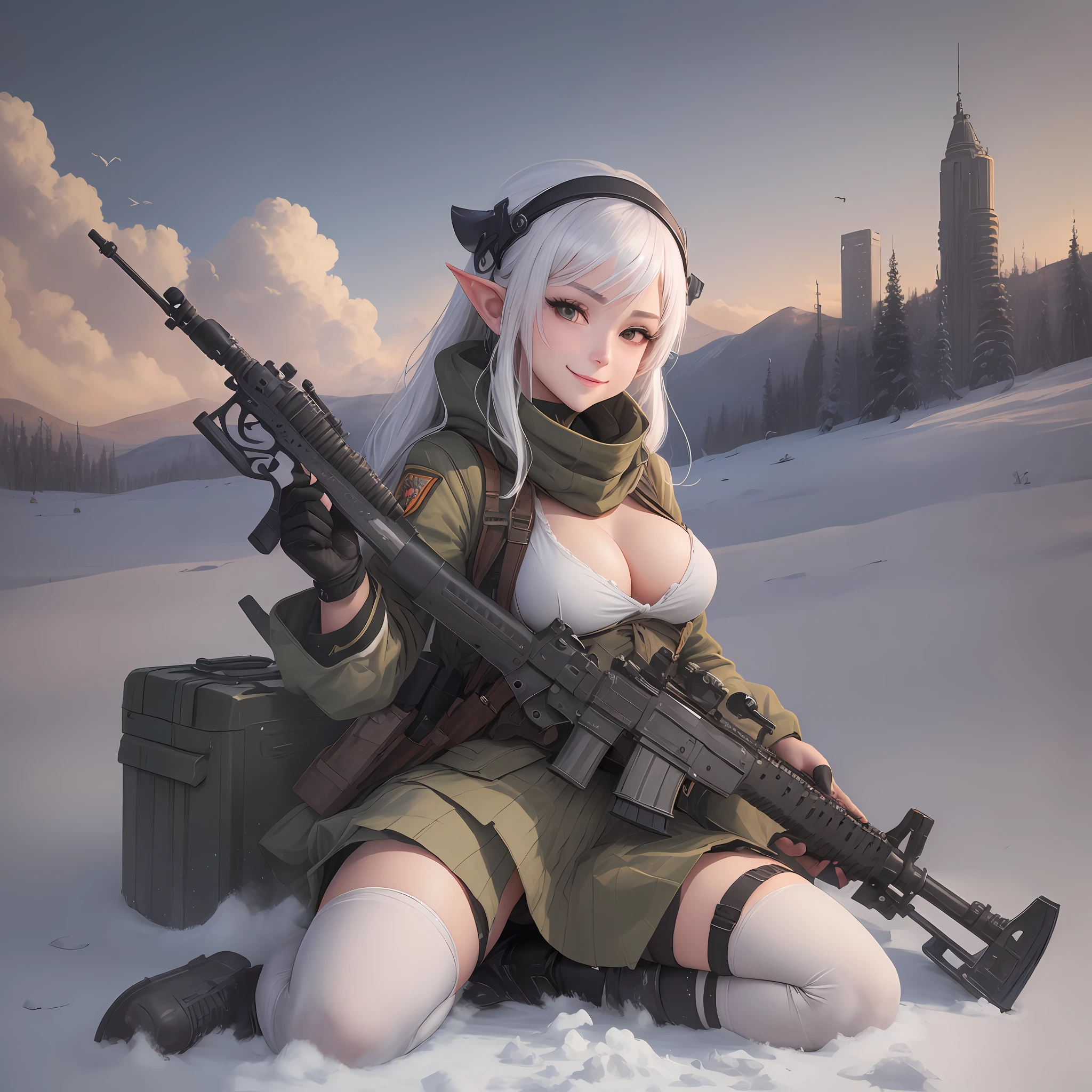 Anime girl, military outfit, white hair, elf ears, holding m4a1 rifle, snow field, big chests, naughty smile, full body --auto --s2