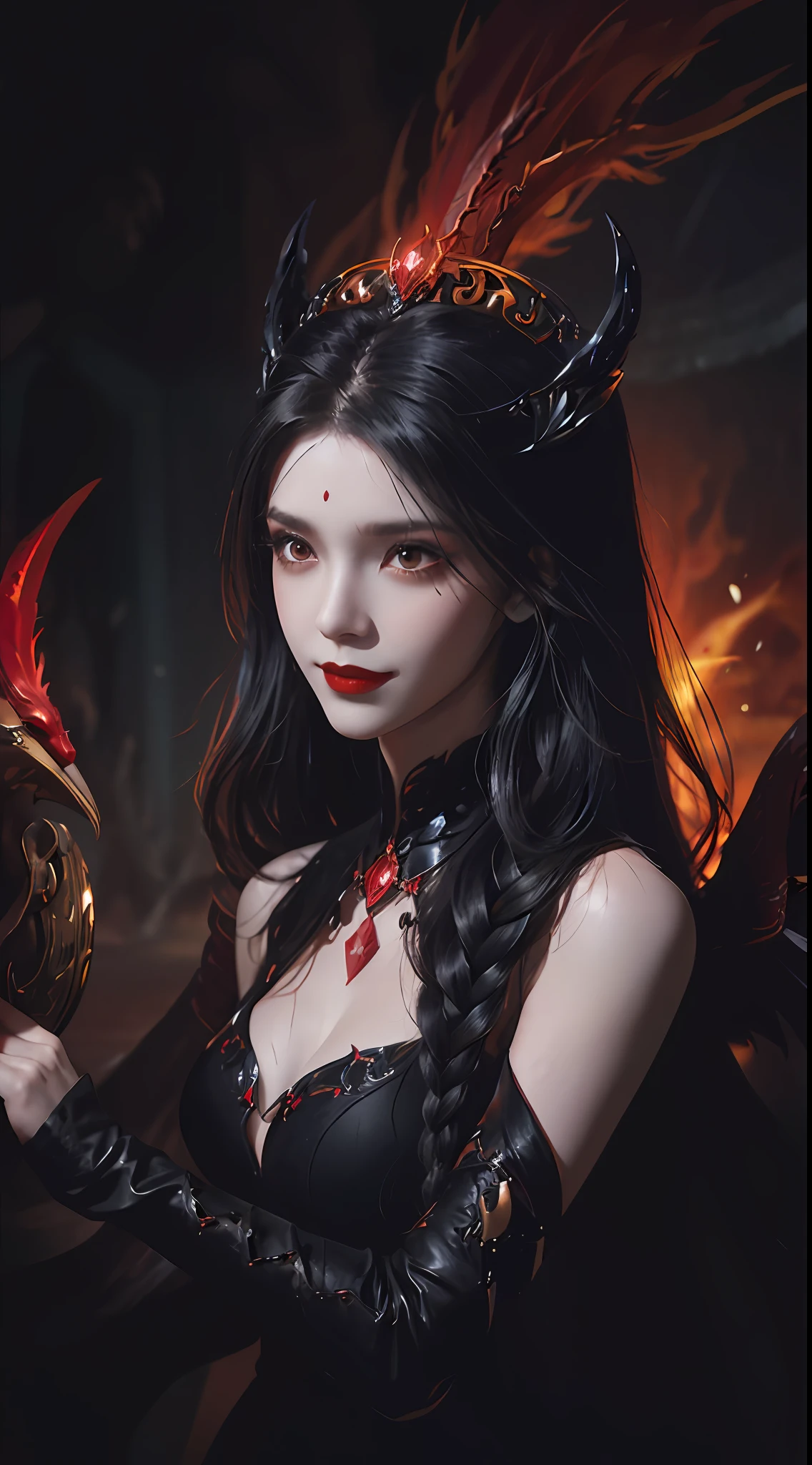1 beautiful devil woman from hell, In the Dark: 1.6), surreal female portrait by David Hockney and Alphonse Mucha, fantasy art, korea doll, photorealism, dynamic lighting, artstation, poster, volumetric lighting, very detailed faces, 8k ultra, Awarded, in the dark, deep shadow, low key, cowboy lens, (Red phoenix dress: 1.4), long hair, black hair, bust, luxurious palace, Royal style, devil  crown, red eyes make up very sharp and detailed, The most beautiful face, big and regular breasts, Super realistic, chinese women's clothing, polo neck sweater, Charming smile, The eyes are very well made up, guweiz, devil style, loong, wearing black mesh socks, 2 bangs braided hair, Red black lips, Devil tattoo on shoulder, wearing a thin red and black robe, the landscape is overcast and thunderous, (Portrait), Close-up of the main character, (Background details 1.8), Hugging the heroine,
