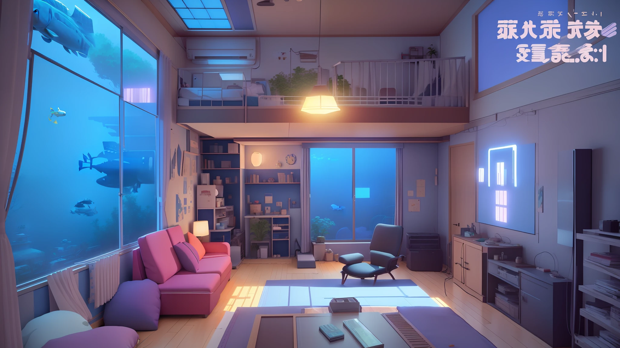 anime scene of a living room with a big fish tank, bedroom in studio ghibli, lofi artstyle, atey ghailan 8 k, inspired by Atey Ghailan, 3 d render beeple, indoor scene, personal room background, relaxing concept art, cozy home background, realistic anime 3 d style, in style of atey ghailan