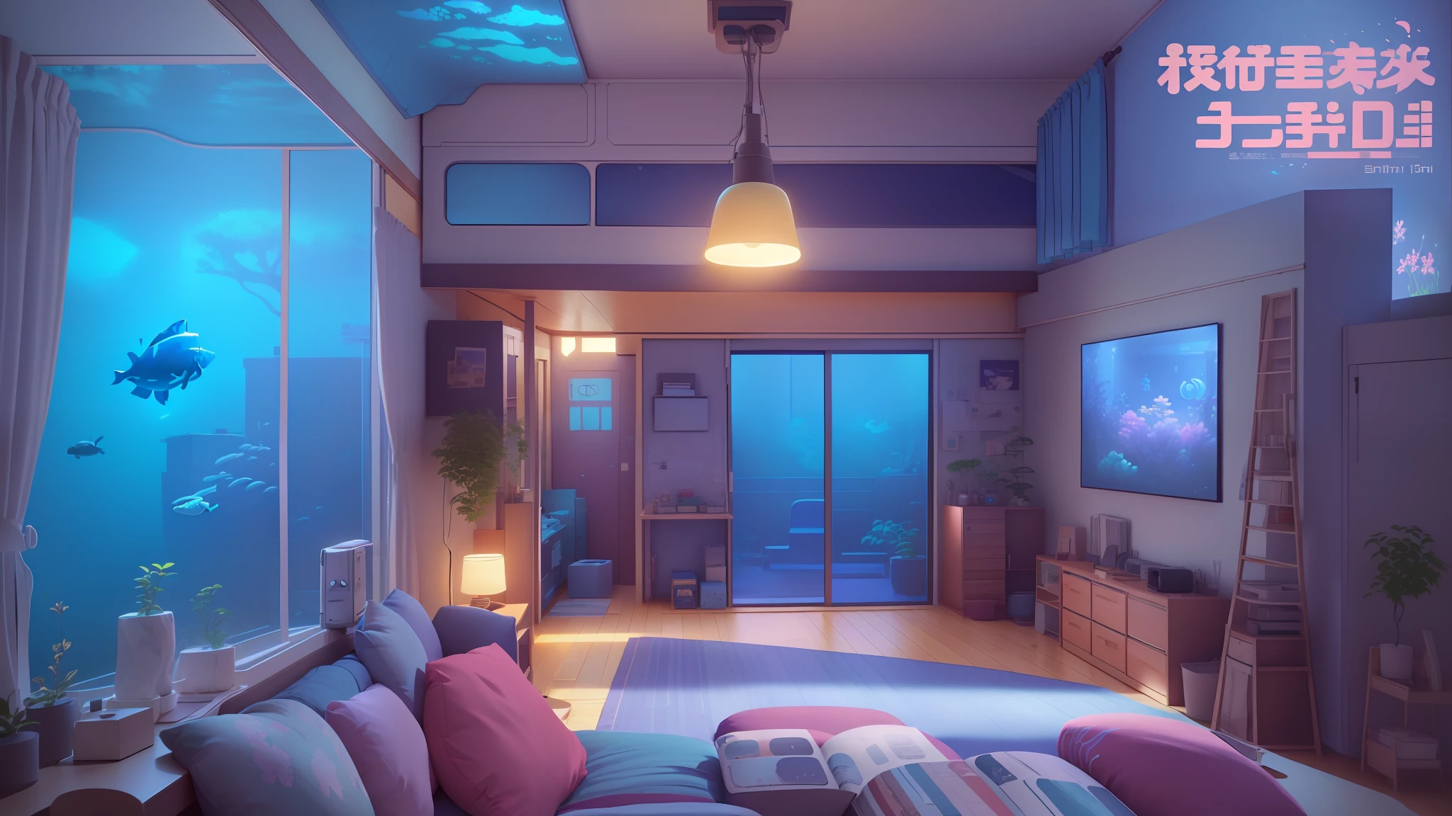 anime scene of a living room with a big fish tank, bedroom in studio ghibli, lofi artstyle, atey ghailan 8 k, inspired by Atey Ghailan, 3 d render beeple, indoor scene, personal room background, relaxing concept art, cozy home background, realistic anime 3 d style, in style of atey ghailan