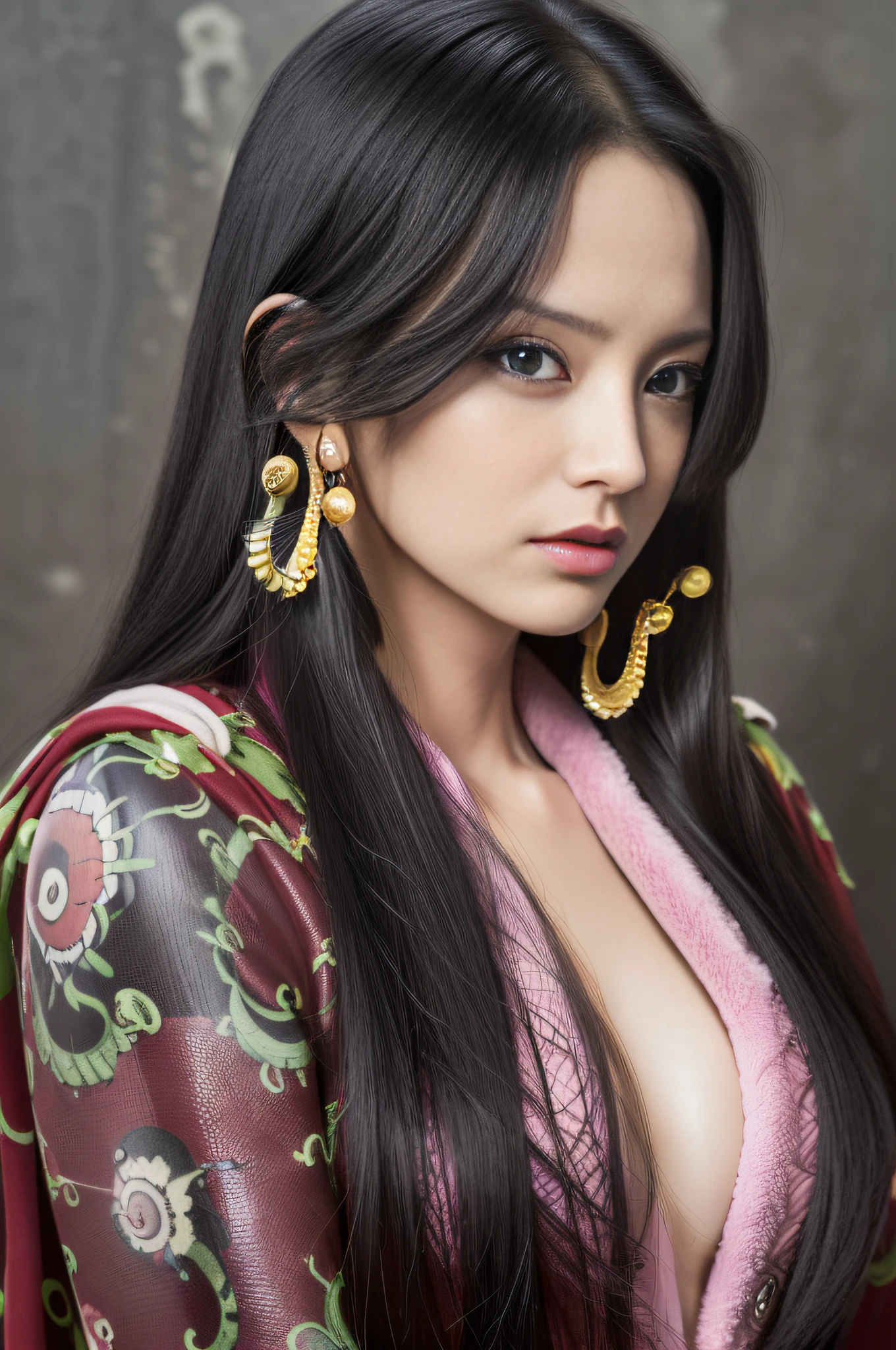 (((masterpiece+best quality+high resolution+ultra-detailed))), boa hancock, long silky black hair, high nose, sharp eyes, noble and inviolable temperament, (([female]: 1.2 + [beauty]: 1.2 + black long hair: 1.2)), snake_skull background, bright eyes, dynamic angle and posture.