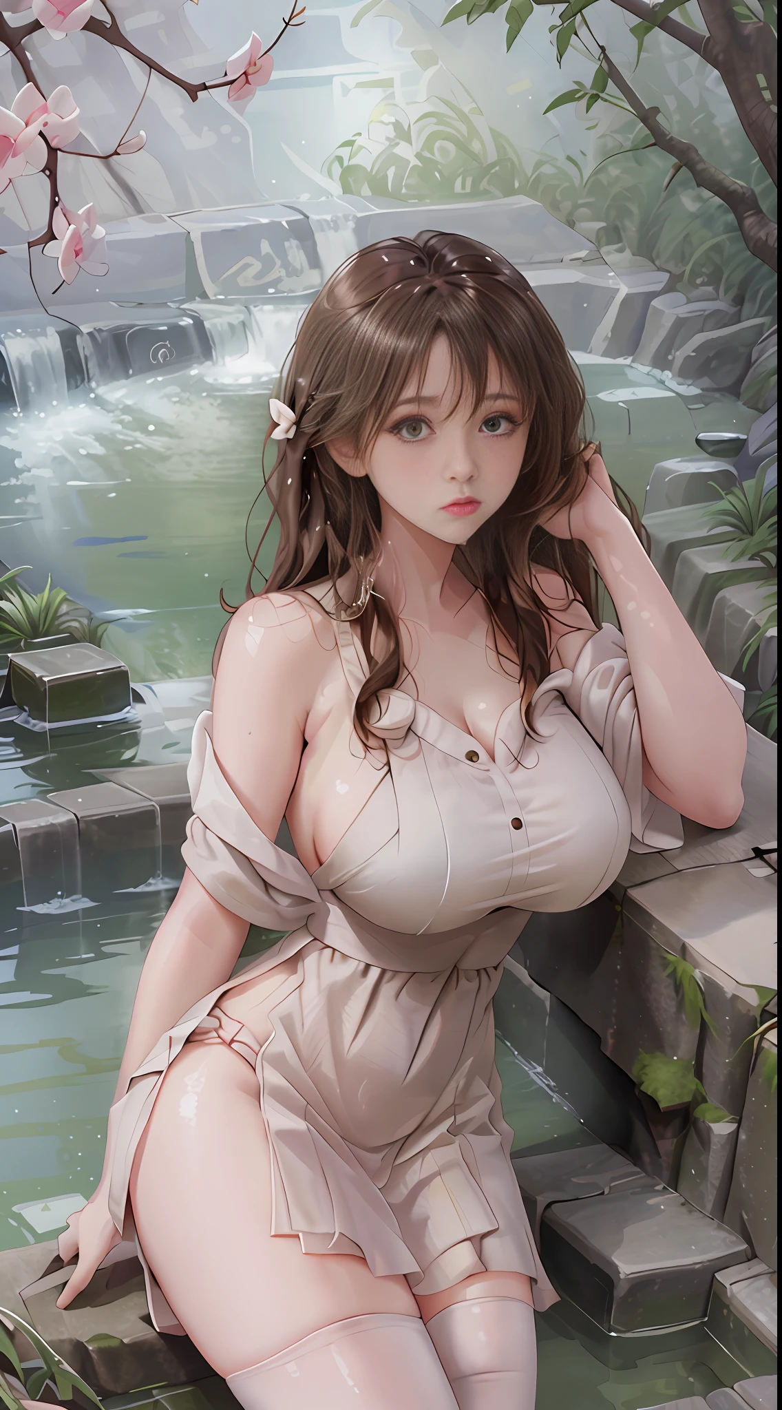 Best quality, masterpiece, super high resolution, a super model soaking in a hot spring in Japan, outdoor hot spring, hot spring made of stone, surrounded by moss and trees, super beautiful face, pure body, no makeup, pores clearly visible, big breasts, wide buttocks, thin waist, (realism: 1.8), original photo, soaked body, covered in sweat, bare shoulders, in the dark, deep shadow, low-key, cold light, white long dress, stockings,