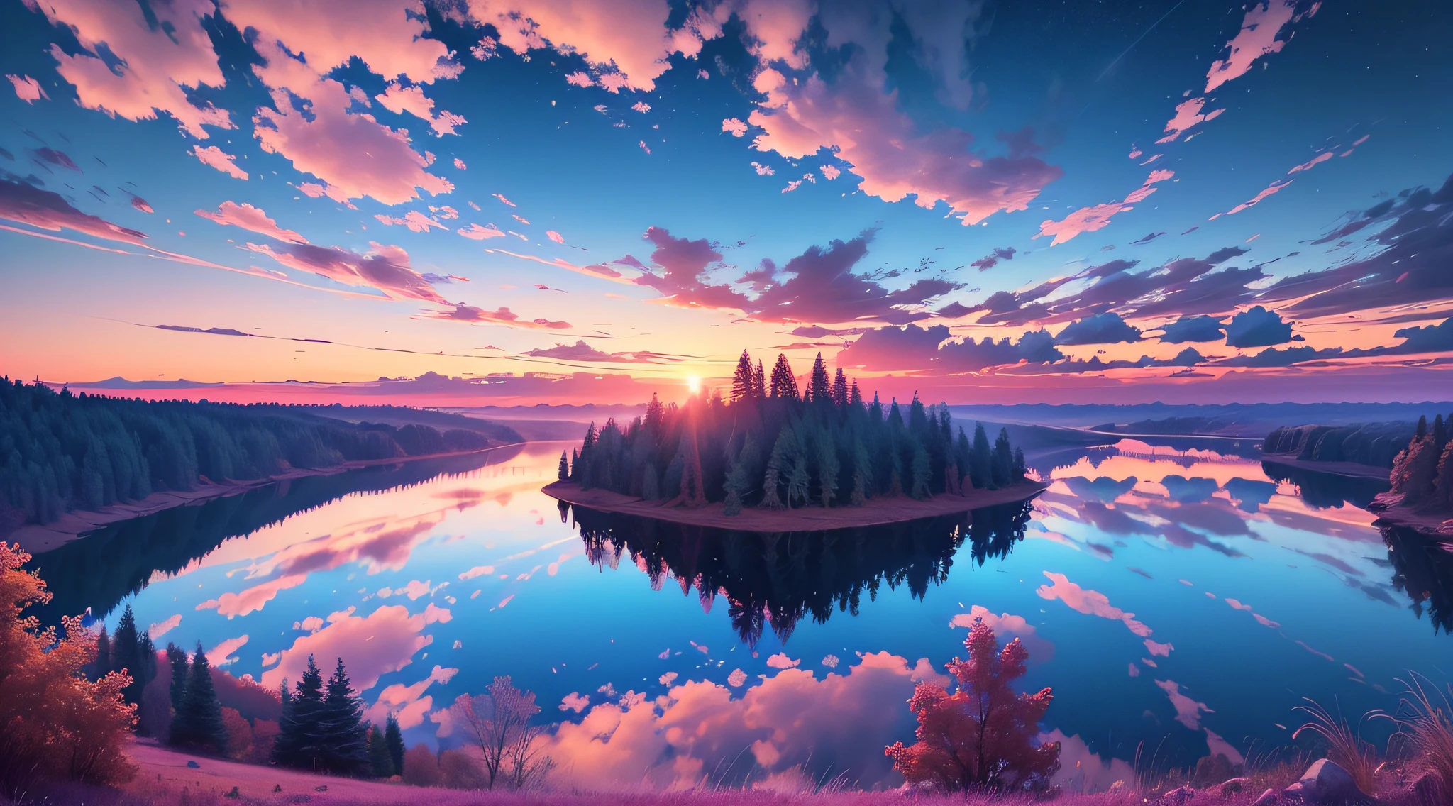 there is a beautiful sunset with a lake and trees in the background, colorful skies, surreal colors, colorful sunset, colorful sky, marvellous reflection of the sky, stunning sky, dream like atmosphere 8k, colorful clouds, colors reflecting on lake, surreal sky, red and blue reflections, fire reflection, beautiful sky, beautiful and spectacular dusk, beautiful dreamy landscape, amazing sky --auto --s2
