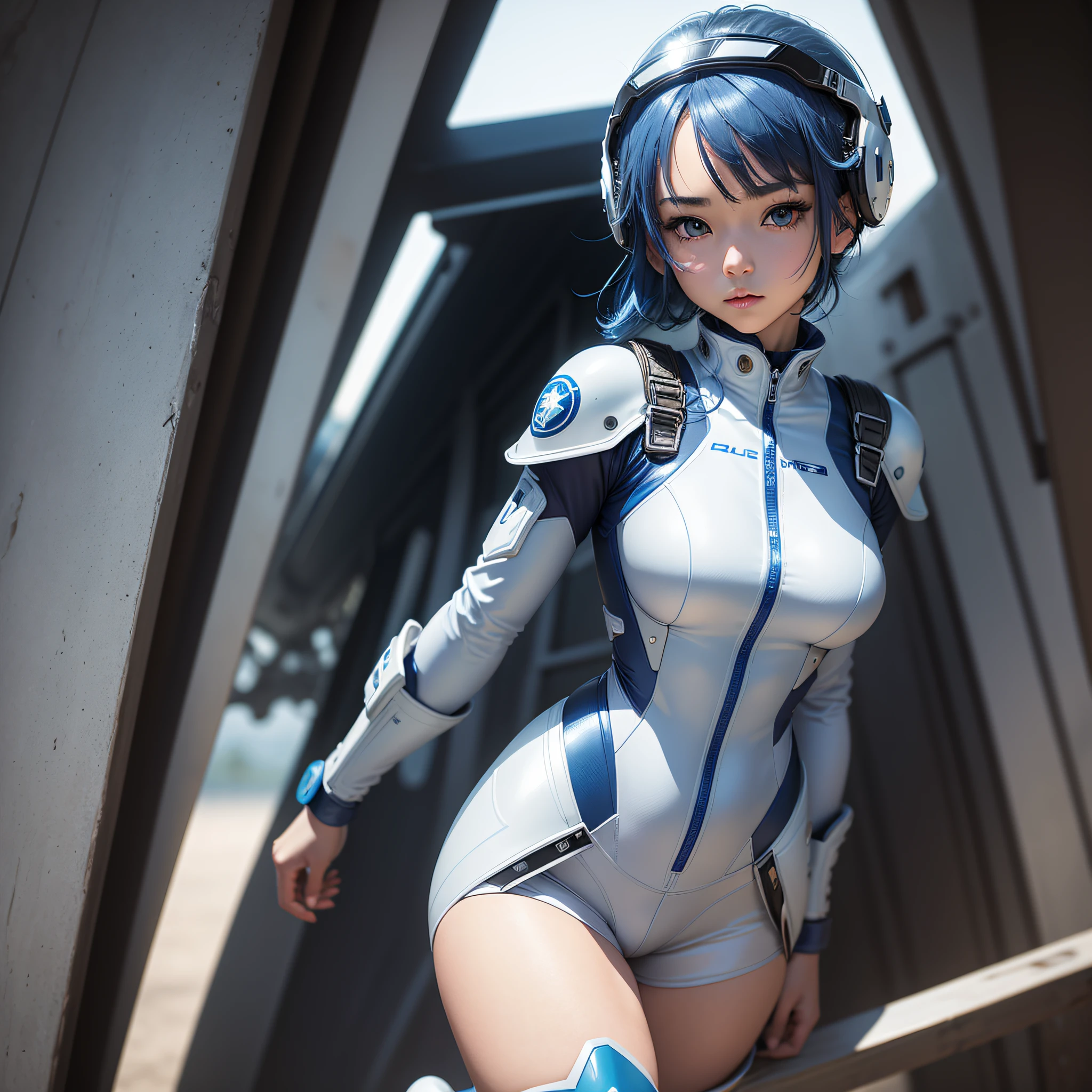 (masterpiece, highest quality, highest resolution, distinct_image, detailed details): (Solo, lone girl, Japan face, blue haired girl, short cut, full body figure, small size breasts, sparkling blue colored eyes, pilot suit in metallic white and blue color, tight fit clothes, clothes covering the whole body, beauty, slim body, exoskeleton, sexy pose, heroine, Full face helmet, knee boots)