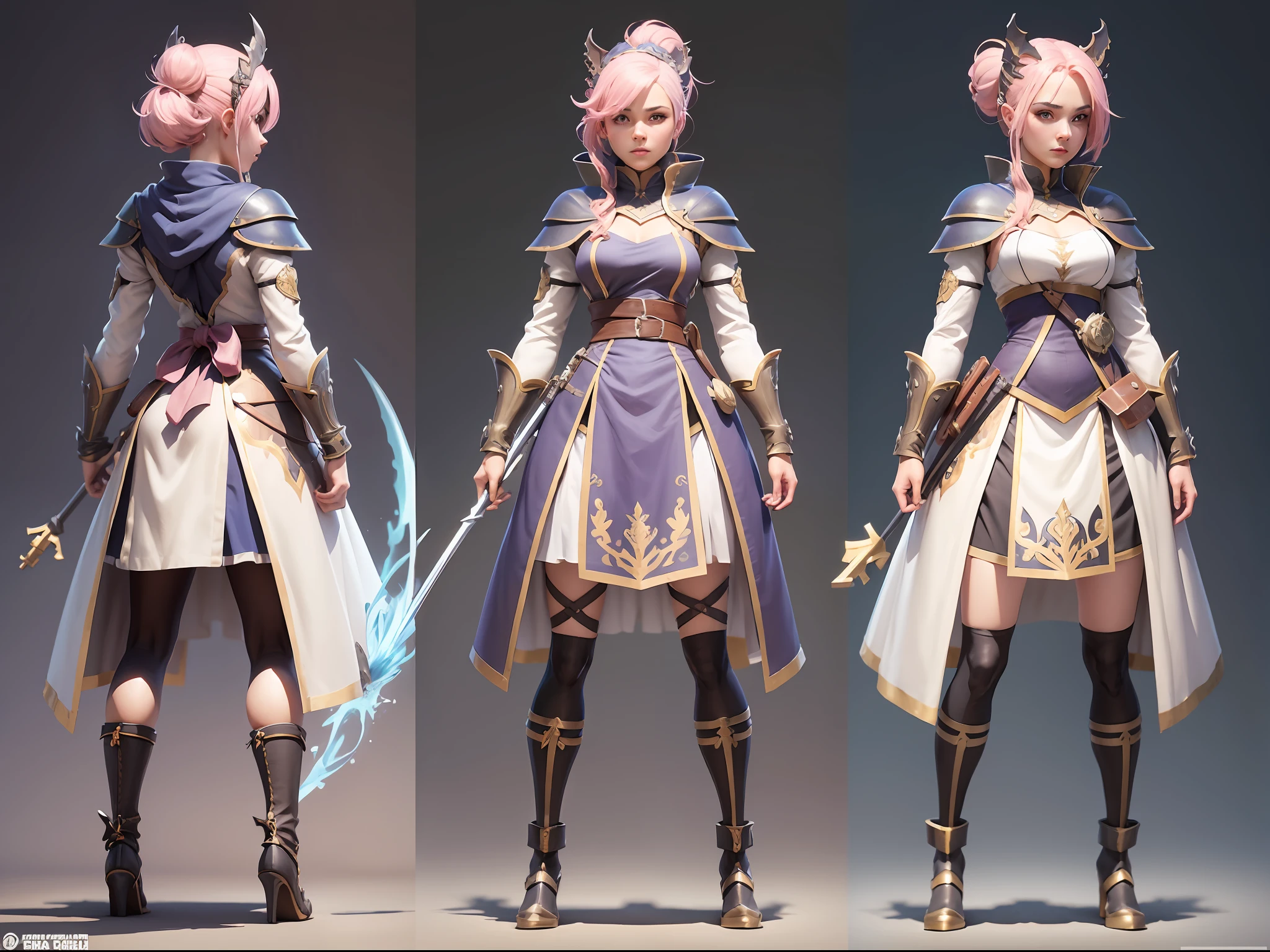 To create a 3D model of this Q version of the archer character, follow these guidelines: 1. Make sure the character's hair is pink and his eyes are red. 2. Design your character to become a dragon knight archer, wielding a large bow and arrow. 3. Make the character slim, wear a white dress, bare legs, and show a belly. The top should be cut with an apron and wrap-around shawl. 4. Add a dragon's tail as one of the traits to your character. 5. Display characters on a white background for easy presentation. 6. Include front, side, and back views in the 3D model, as well as detailed views of weapons and other key features. Make sure your models are rendered high-quality and realistic to provide an immersive gaming experience. ,2d concept art, character design concept art, funny character design, character design art, anime concept art, independent concept art, concept art style, full body character concept art, game character concept art, character concept art, ((character concept art)), high quality character design, 8k character concept art