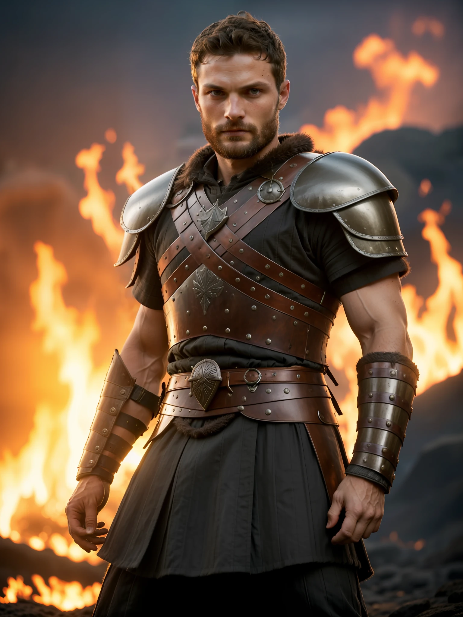 Create a Viking warrior, wearing armor, Jamie Dornan, very handsome and attractive, strong and muscular, dark short hair, tan, dark beard, 8k resolution, best quality, similar to actor Jamie Dornan, standing in front of a burning village, cliffs, closeup, attack pose and attitude.