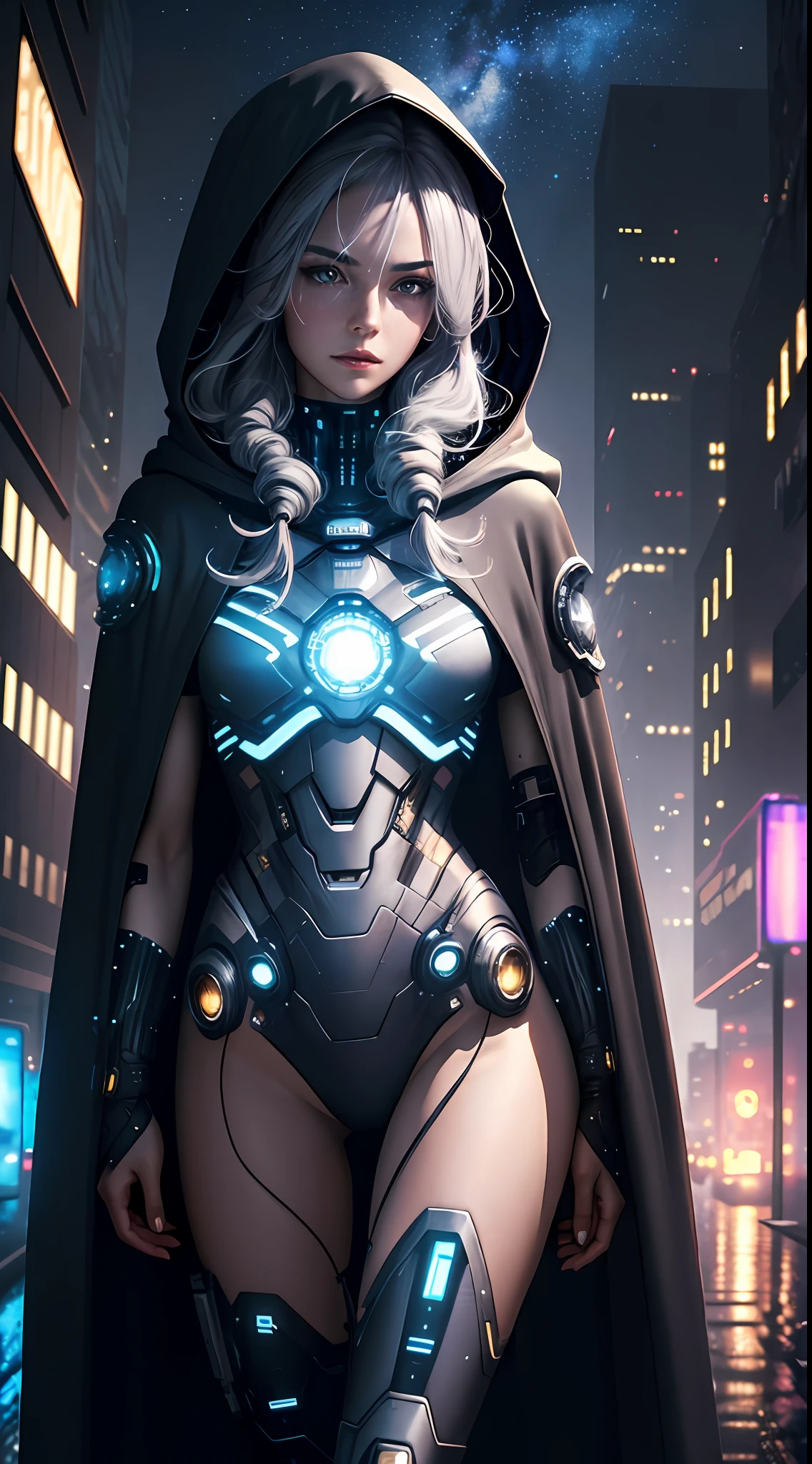 Masterpiece, best quality, 4k, cyborg female, starry sky, stars \ (sky\), cape, hairs made out of cables, slim legs, hood, long hair, gray hair, cyberpunk, depth of field