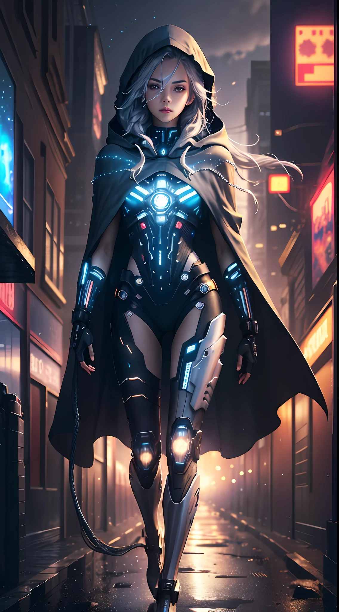 Masterpiece, best quality, 4k, cyborg female, starry sky, stars \ (sky\), cape, hairs made out of cables, slim legs, hood, long hair, gray hair, cyberpunk, depth of field