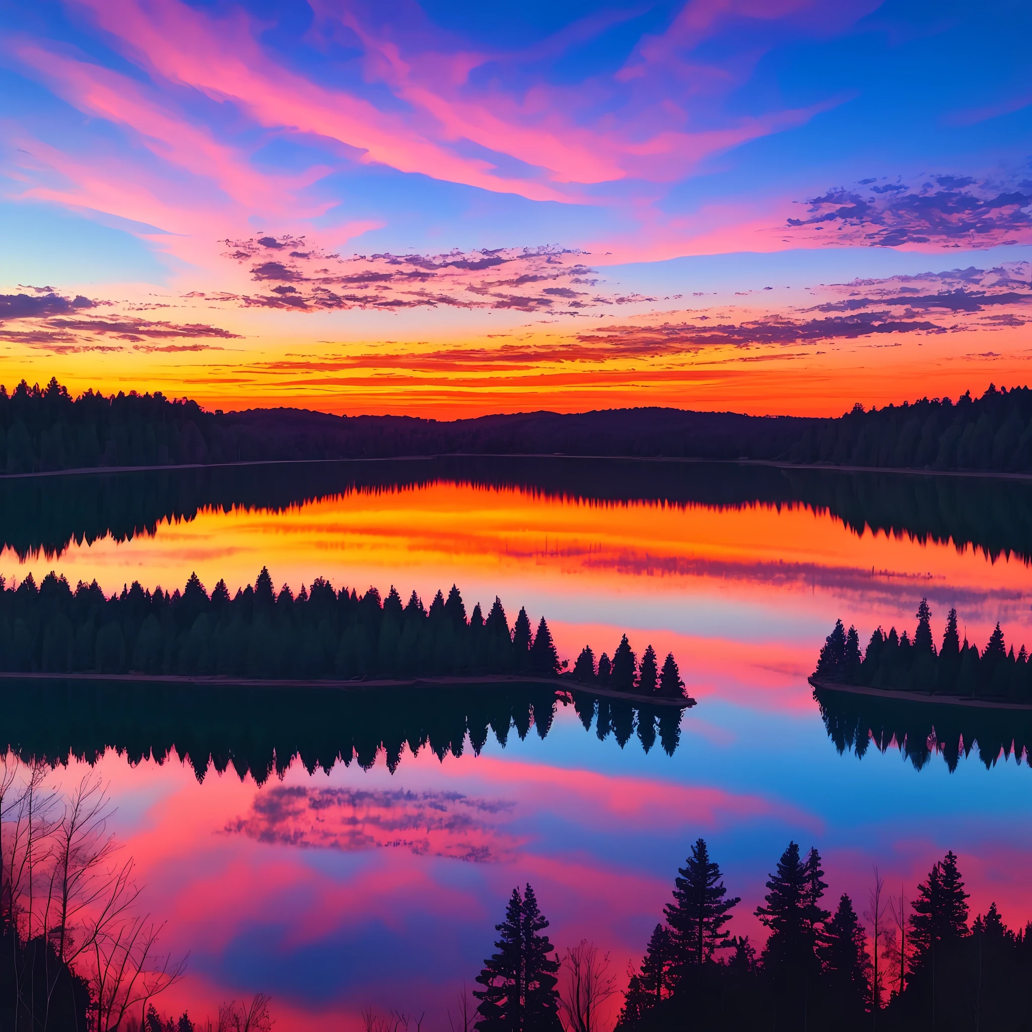 there is a beautiful sunset with a lake and trees in the background, colorful skies, surreal colors, colorful sunset, colorful sky, marvellous reflection of the sky, stunning sky, dream like atmosphere 8k, colorful clouds, colors reflecting on lake, surreal sky, red and blue reflections, fire reflection, beautiful sky, beautiful and spectacular dusk, beautiful dreamy landscape, amazing sky