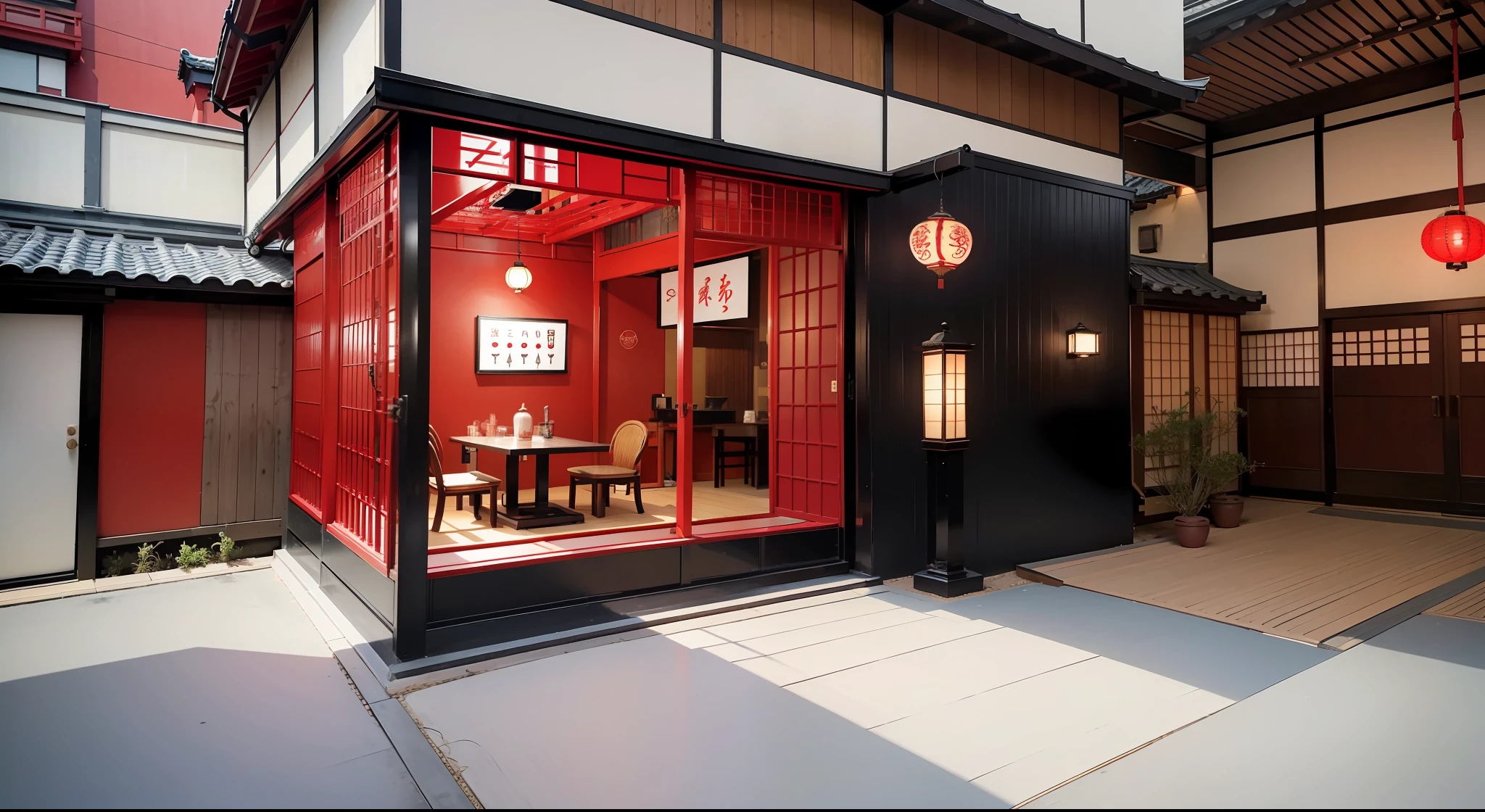A Japanese restaurant, red wall, black wall, townhouse, Japanese lantern, exquisite and rich decoration, ultimate high-definition 8K wallpaper, highly reductive details set off the gourmet system, colorful and fresh, mouthwatering, inspired by Watanabe Shotei, kawaii headquarters rendering, inspired by Yoshida Toshi, a Japanese restaurant in the mall, inspired by Yoshida Hanbei, inspired by Miyagawa Nakashun