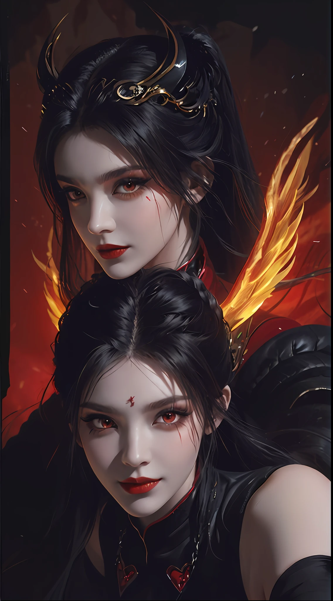 1 beautiful devil woman from hell, In the Dark: 1.6), surreal female portrait by David Hockney and Alphonse Mucha, fantasy art, korea doll, photorealism, dynamic lighting, artstation, poster, volumetric lighting, very detailed faces, 8k ultra, Awarded, in the dark, deep shadow, low key, cowboy lens, (Red phoenix dress: 1.4), long hair, black hair, bust, luxurious palace, Royal style, devil crown, red eyes make up very sharp and detailed, The most beautiful face, big and regular breasts, Super realistic, chinese women's clothing, polo neck sweater, Charming smile, The eyes are very well made up, guweiz, devil style, loong, wearing black mesh socks, 2 bangs braided hair, Red black lips, Devil tattoo on shoulder, wearing a thin red and black robe, the landscape is overcast and thunderous, (Portrait), Close-up of the main character, (Background details 1.8), Hugging the heroine,