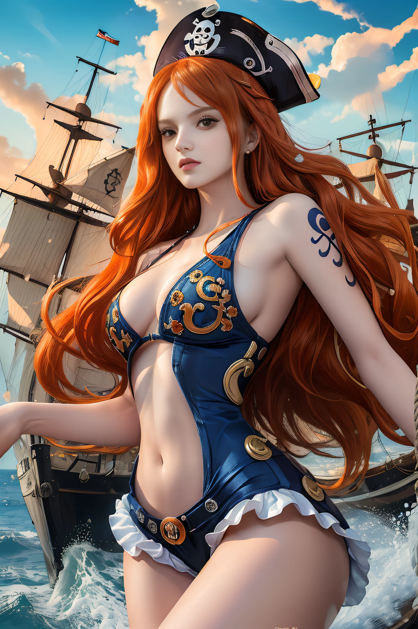 (((masterpiece+best quality+high resolution+ultra-detailed))), Nami, one piece, long silky orange hair, high nose, sharp eyes, noble and inviolable temperament, (([female]: 1.2 + [beauty]: 1.2 + orange wavy long hair: 1.2)), pirate ship background, bright eyes, dynamic angle and posture.