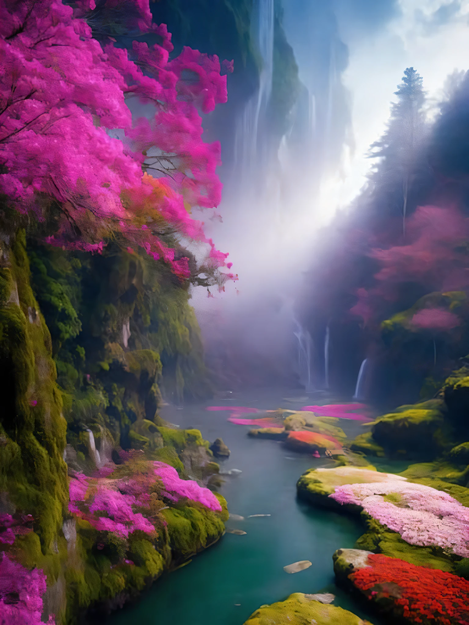 ChromaV5, nvinkpunk, masterpiece, best quality, high quality, extremely detailed realistic 8k wallpaper,landscape with texture ,Landscape photo of the most beautiful jungle in the world, (nature landscape), award winning photography, Chromatic Aberration, HDR, bloom, Photorealistic, extremely detailed, trending on artstation, trending on CGsociety, Intricate, High Detail, dramatic, RTX on, magic glowing flowers, (fog), fantasy, waterfall