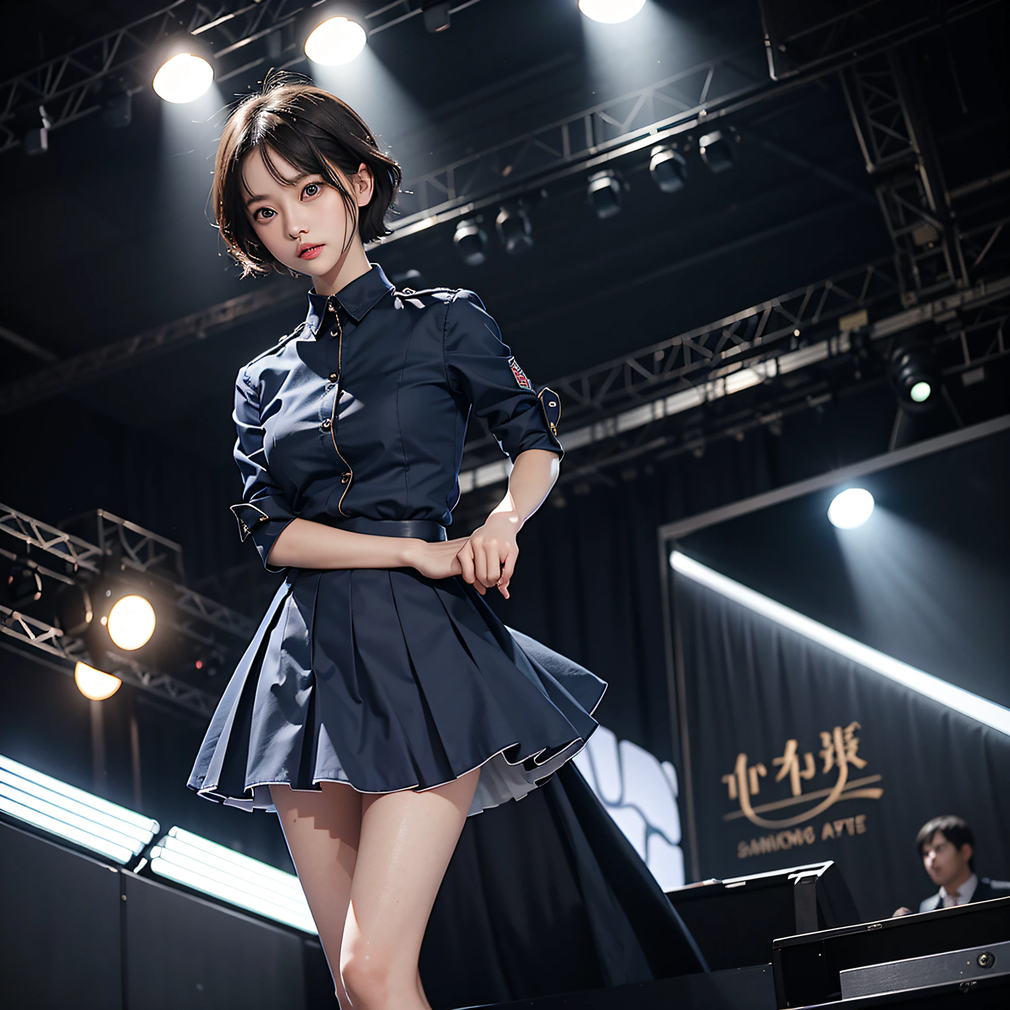 "Idol: 1.2, high quality, realistic, one girl with a cute moe face, "short cut hair", bright eyes, angry, glaring, sharp eyes, sanpaku eyes, upper eyes, long skirt, dark blue uniform, military, stage lighting"