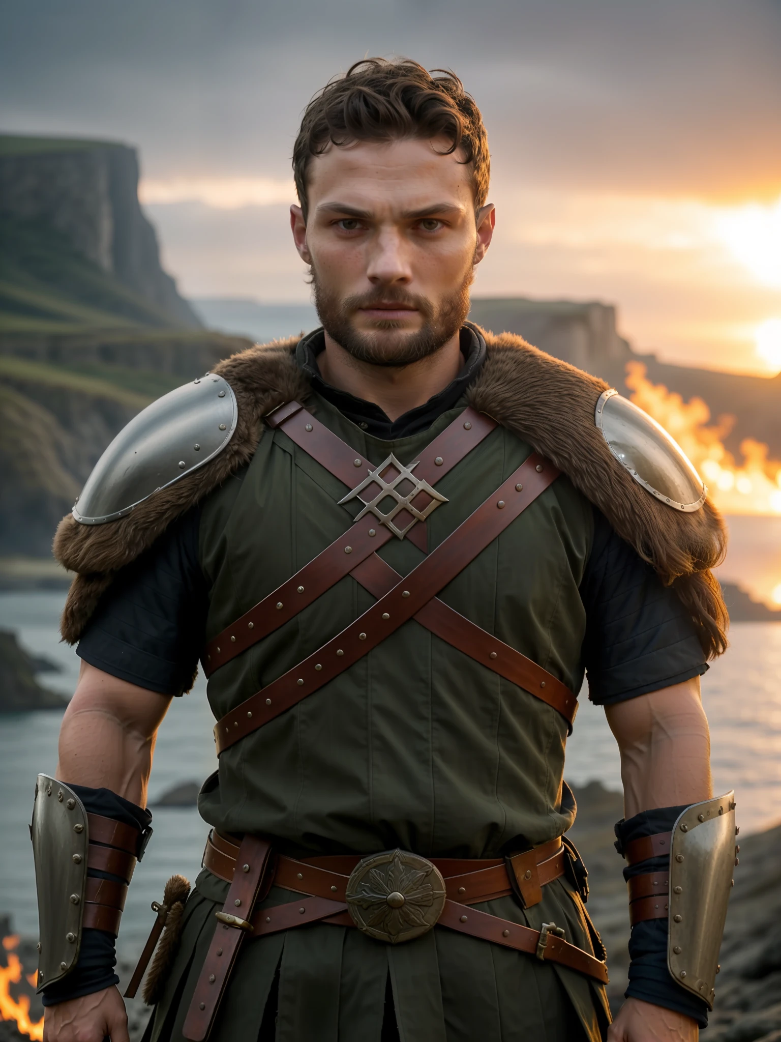 Create a Viking soldier, wearing armor, Jamie Dornan, very handsome and attractive, strong and muscular, short dark hair, tan, dark beard, 8k resolution, best quality, similar to actor Jamie Dornan, standing in front of a burning village, cliffs, closeup, attack pose and attitude.