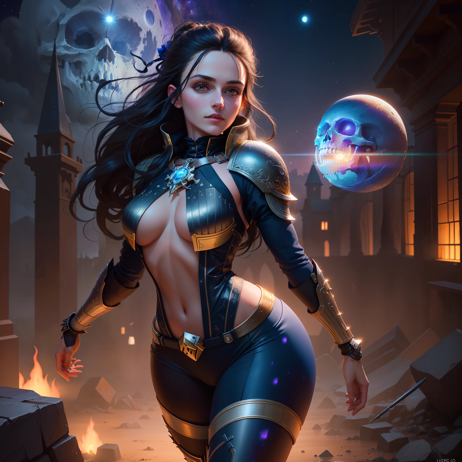 (Masterpiece, 4k resolution, ultrarealistic, very detailed), [ ((25 years), (long black hair:1.2), full body, (opaque eyes:1.2), (Gothic landscape, at night, saturated lights), (full moon))] # Explanation: The Prompt mainly describes a 4K painting.  A blind woman wearing black armor, carrying a giant sword. He wears a helmet that covers his entire face in the form of a skull.