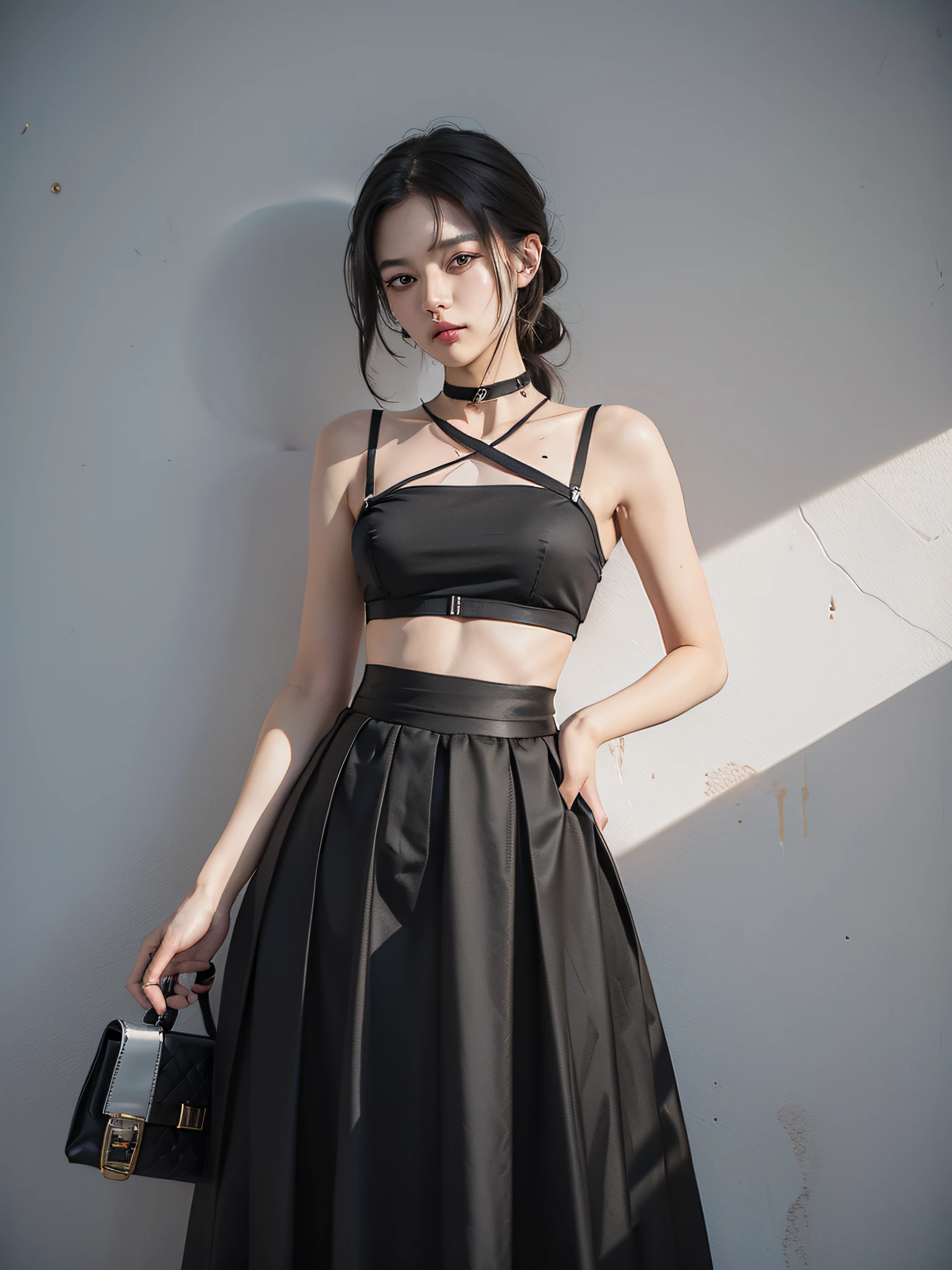 Absurdity, Top Quality, 1 Girl, Solo, ((Black Bag, High Waist Black Skirt, Long Skirt, Thin Waist, Long Fluent Skirt, Casual Outfit Style, Intriguing Costume, Wide Skirt, Midi Skirt, Modern Fashion Costume))), Choker, (Graffiti: 1.5), Splatters of paint, Paint Scribble, Arms Thrown Back, (Slouch), lean back, lean against the wall, (lean to the side: 0.25), watch the viewer, armbands, thigh straps, striped hair, ((paint on the body other than the face)), eyes pointing upward, bow the head, tilt the head, (from the side: 0.75), boredom, (expressionless: 0.75 masterpiece, flat background