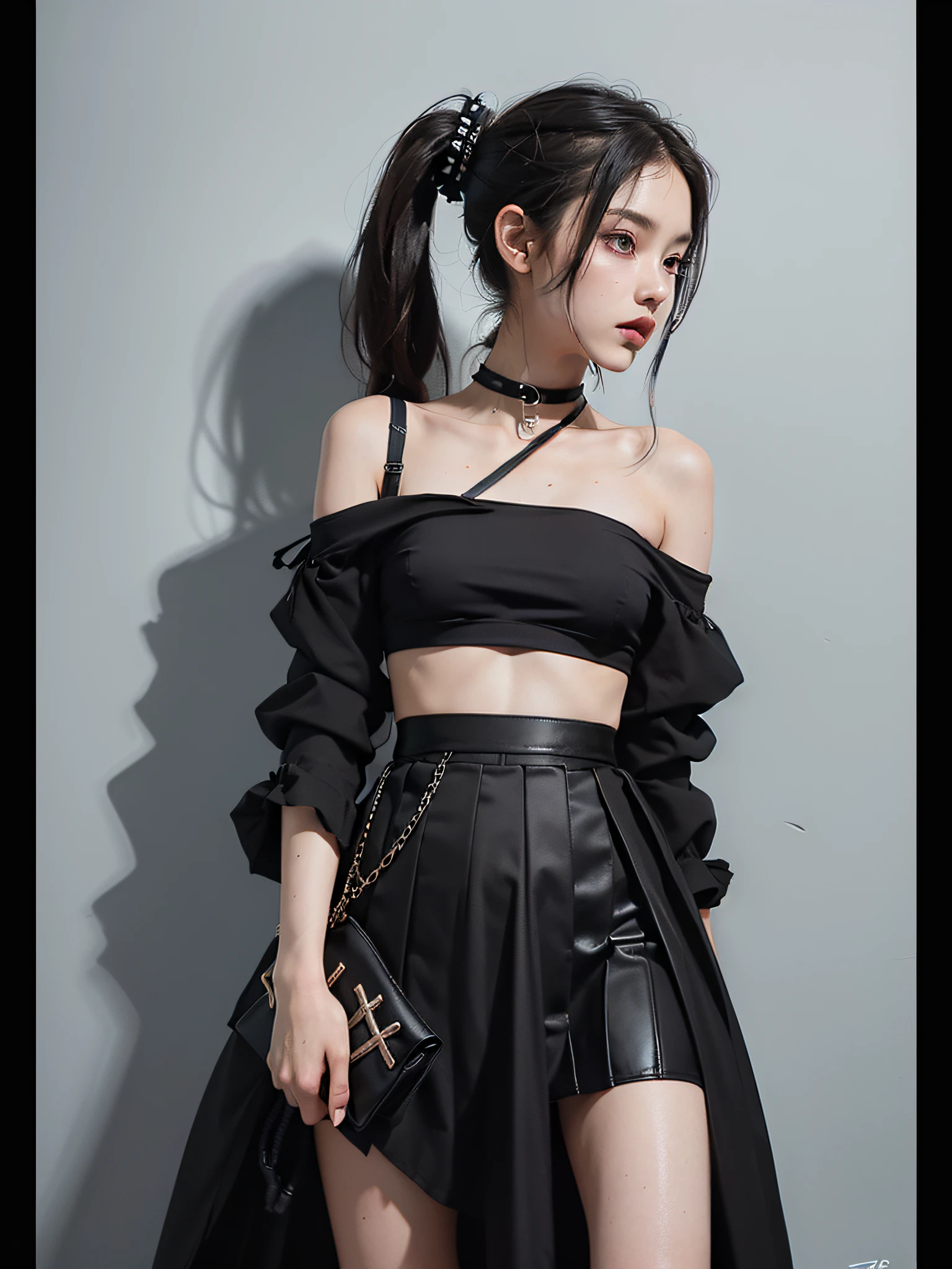 Absurdity, Top Quality, 1 Girl, Solo, ((Black Bag, High Waist Black Skirt, Long Skirt, Thin Waist, Long Fluent Skirt, Casual Outfit Style, Intriguing Costume, Wide Skirt, Midi Skirt, Modern Fashion Costume))), Choker, (Graffiti: 1.5), Splatters of paint, Paint Scribble, Arms Thrown Back, (Slouch), lean back, lean against the wall, (lean to the side: 0.25), watch the viewer, armbands, thigh straps, striped hair, ((paint on the body other than the face)), eyes pointing upward, bow the head, tilt the head, (from the side: 0.75), boredom, (expressionless: 0.75 masterpiece, flat background