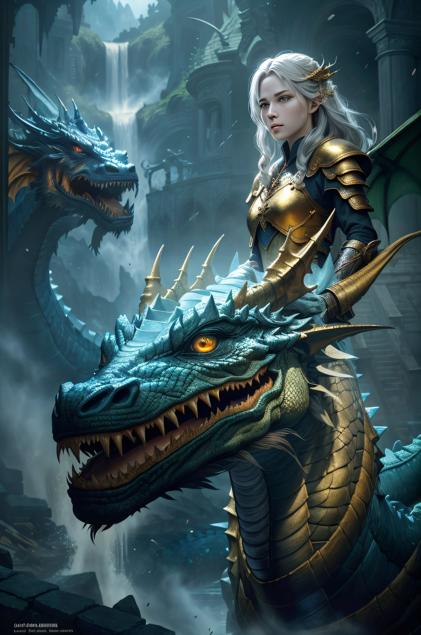 ((Pretty girl in front of the dragon 1, Armor)), ((Dragon with an elongated neck and huge wings behind the girl)), highly detailed CG Unity 8K wallpaper), (Best Quality: 1.2), (High Definition), (Illustration: 1.1), (Cinematic Light: 1.1), Fine-grained, Intricate Detail, (Best Illustration), 8K Resolution, Intricate Detail, Best Quality, Realistic, Ultra detailed, best illumination, best shadows, UltraHD, Cryengine, Detailed reflections, Detailed shadows, ((Complex detail)))), smooth, (Perfect shading)), high quality metal textures, metallic gloss, highly detailed illustrations, (Semi-realistic: 1.6), (Wide shot: 1.2), (from below, Dutch Angle), (Beautiful Eyes in Detail: 1.1), (Lifelike Body: 1.2), Watch the Viewer, ((Golden Giant Dragon: 1.6)), (Glowing Eyes\[Magic Square of Eyes [Yellow\]), Silvery Long Hair, Hairs Between Eyes, Sigma 135mm Lens, (Giant Waterfall Background), Dynamic Camera Angles, (Warzone), (High Quality Detailed Ruins)), ( depth of field), ((cinematic lighting)), ((horror)), ((dark fantasy)), love clafchan, spot color, splash blood, (best illumination), (very complex detail), ((ultra detail)), 4K unity, (highly detailed CG: 1.2), (8k: 1.1), (landscape), art station, (( Sui Ishida, Wen Jun Lin, Stefan Morel)), Dystopian Art, Apocalyptic Art, (Semi-Realism), (Dynamic), (nixeu_basic 2:0.5)