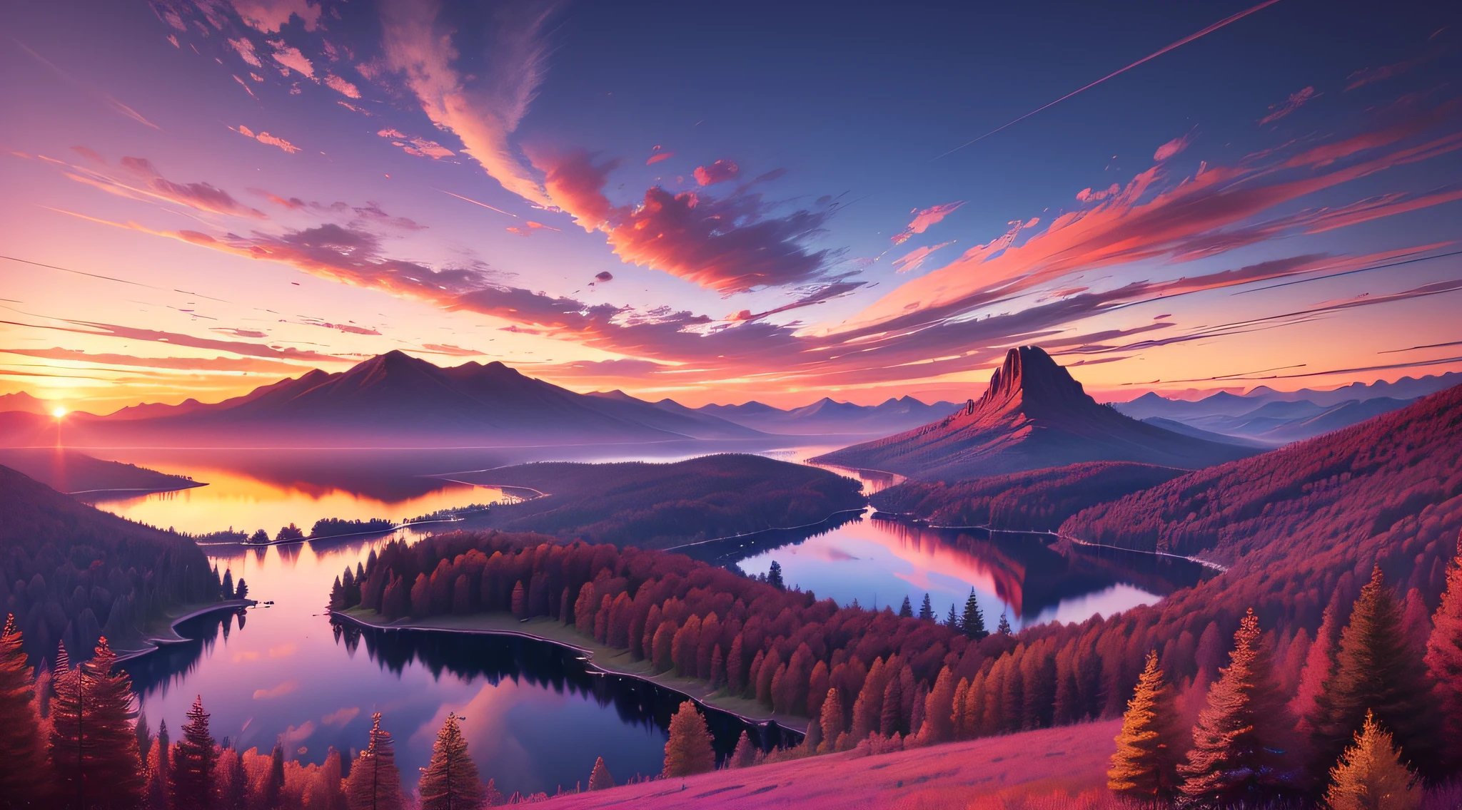there is a beautiful sunset with a lake and trees in the background, colorful skies, surreal colors, colorful sunset, colorful sky, marvellous reflection of the sky, stunning sky, dream like atmosphere 8k, colorful clouds, colors reflecting on lake, surreal sky, red and blue reflections, fire reflection, beautiful sky, beautiful and spectacular dusk, beautiful dreamy landscape, amazing sky --auto --s2