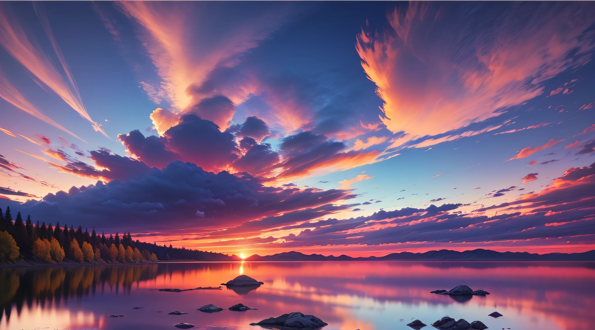 there is a beautiful sunset with a lake and trees in the background, colorful skies, surreal colors, colorful sunset, colorful sky, marvellous reflection of the sky, stunning sky, dream like atmosphere 8k, colorful clouds, colors reflecting on lake, surreal sky, red and blue reflections, fire reflection, beautiful sky, beautiful and spectacular dusk, beautiful dreamy landscape, amazing sky --auto --s2