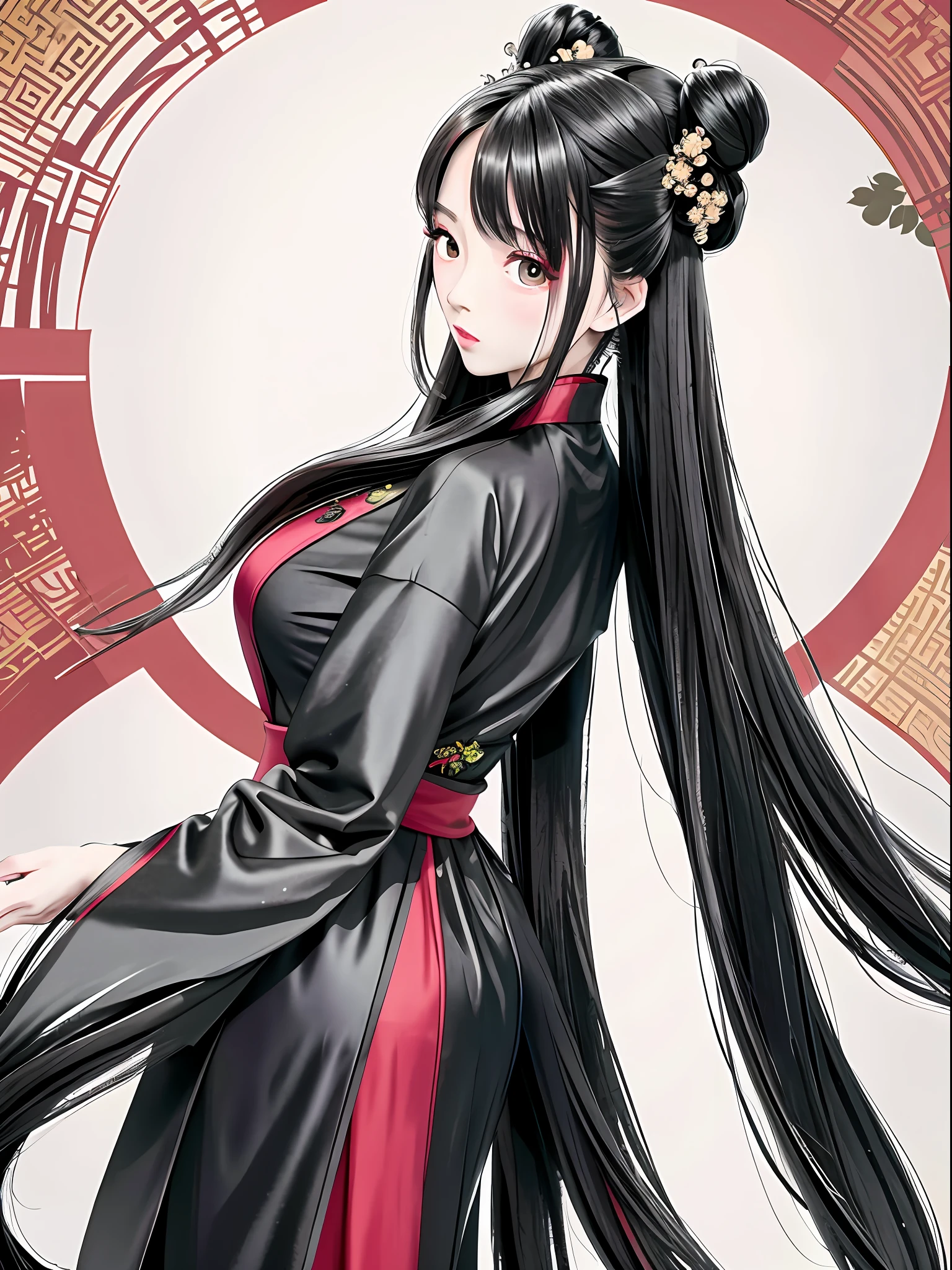Chinese woman's back, in the center of the picture, long glossy black long hair, hair is loose, wearing cheongsam, the background is in the middle of herbs, hair is very dark and beautiful and smooth, the overall style is oriental, ancient style