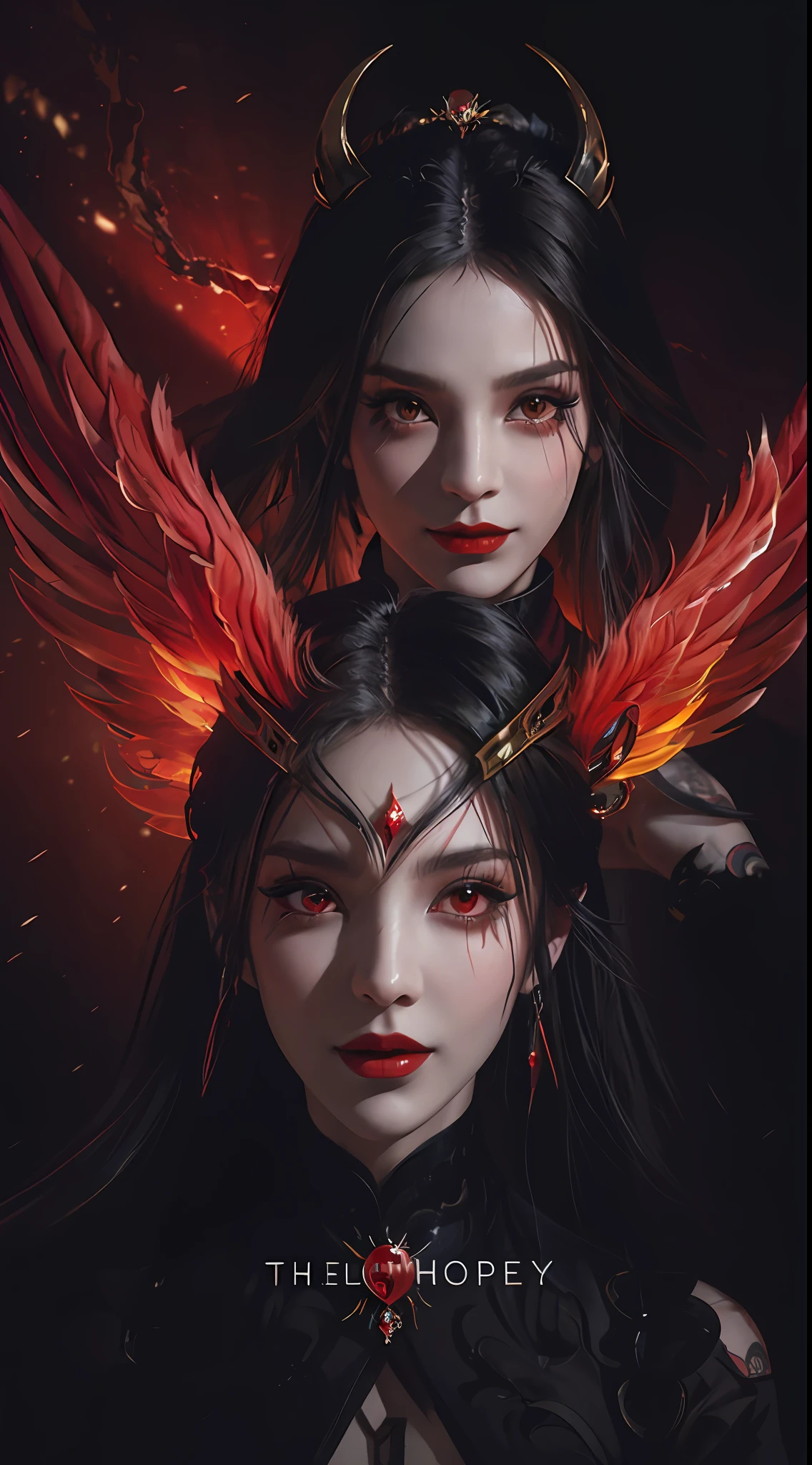 1 beautiful devil woman from hell, In the Dark: 1.6), surreal female portrait by David Hockney and Alphonse Mucha, fantasy art, korea doll, photorealism, dynamic lighting, artstation, poster, volumetric lighting, very detailed faces, 8k ultra, Awarded, in the dark, deep shadow, low key, cowboy lens, (Red phoenix dress: 1.4), long hair, black hair, bust, luxurious palace, Royal style, devil crown, red eyes make up very sharp and detailed, The most beautiful face, big and regular breasts, Super realistic, chinese women's clothing, polo neck sweater, Charming smile, The eyes are very well made up, guweiz, devil style, loong, wearing black mesh socks, 2 bangs braided hair, Red black lips, Devil tattoo on shoulder, wearing a thin red and black robe, the landscape is overcast and thunderous, (Portrait), Close-up of the main character, (Background details 1.8), Hugging the heroine,