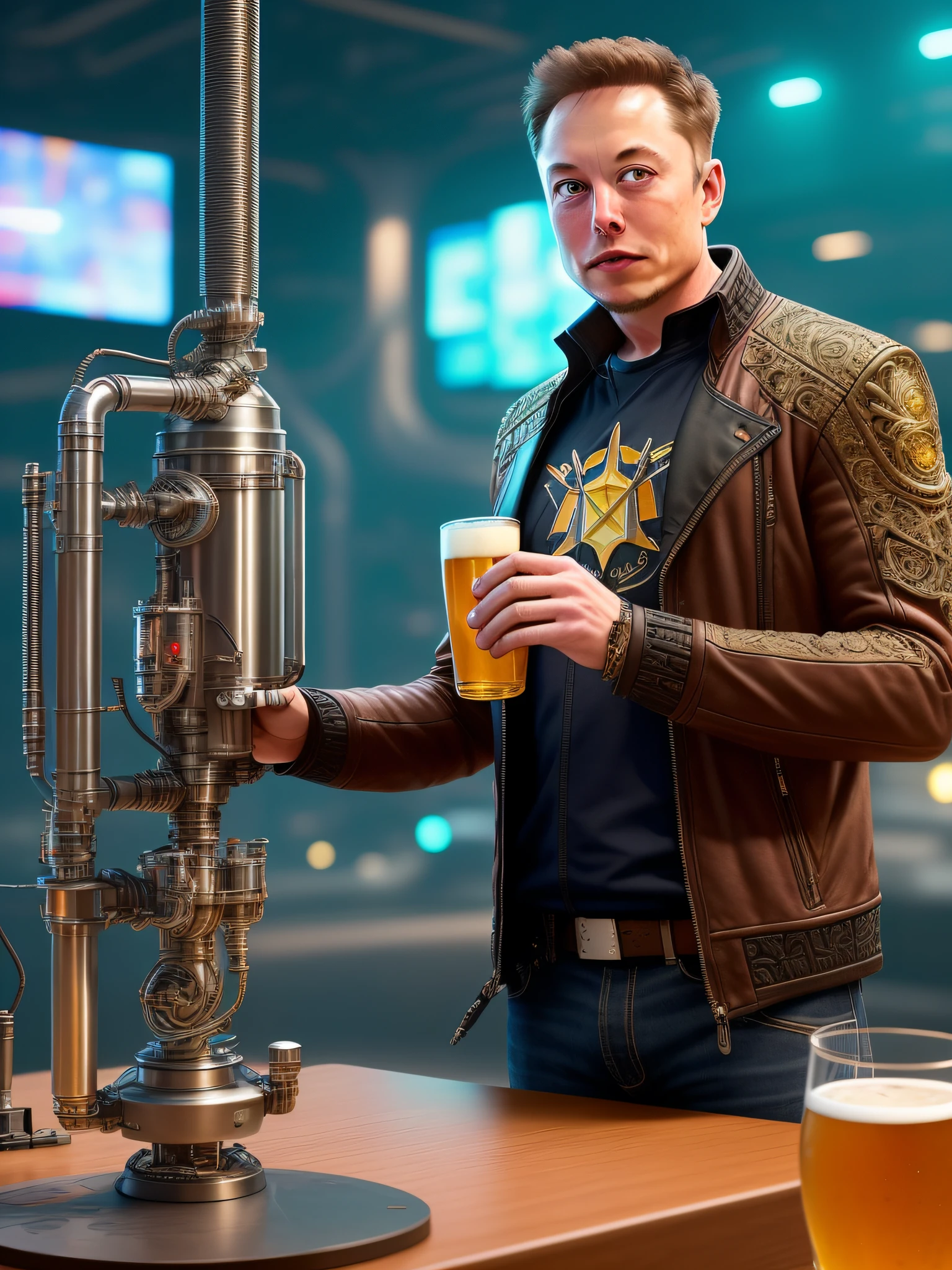 Elon Musk is holding a glass of beer, ((intricate details)), hdr, ((intricate details, hyperdetailed)), cinematic shot, vignette, cyborg, cyberpunk style, ((intricate details)), hdr, ((intricate details, hyperdetailed)), cinematic shot, vignette