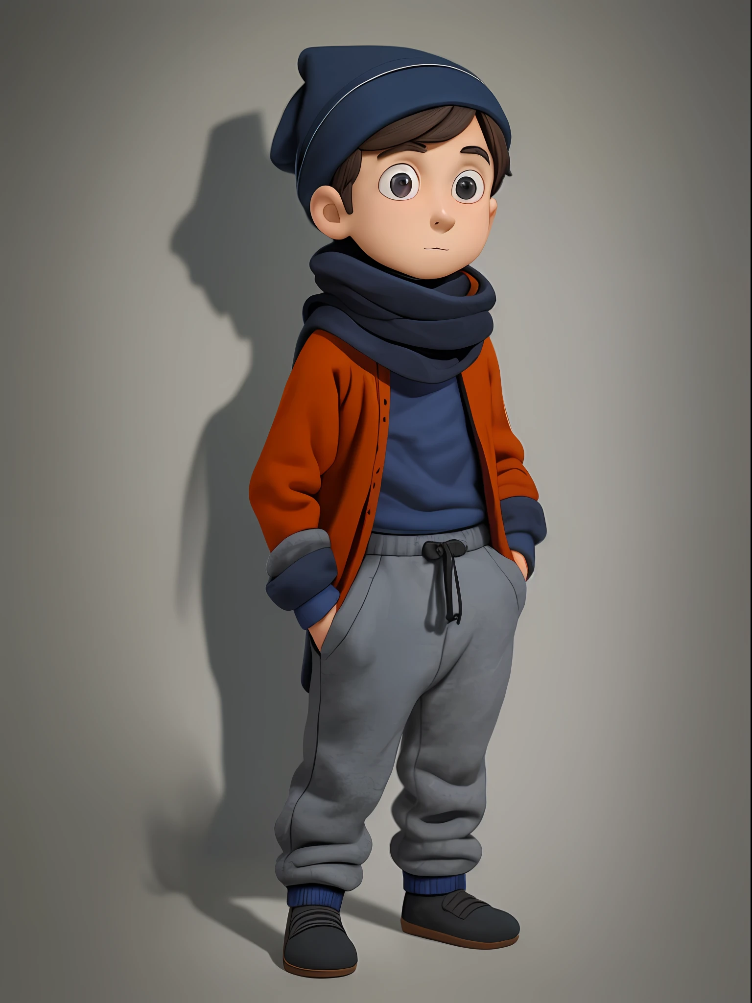 Young boy in dark blue cap, gray scarf and velvet, long and orange wool brusa, black sweatpants, gray socks, brown eyes, stop-motion style of Henry Selick, super detailed