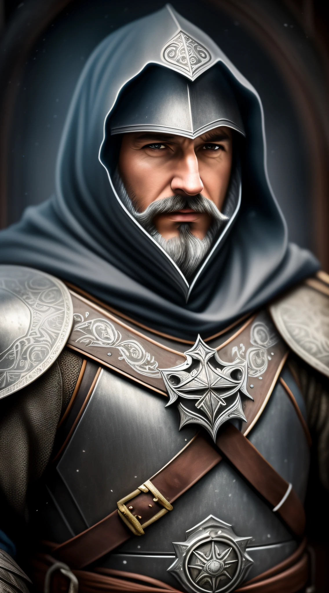 (realistic oil art, image up to the waist, 40-year-old man, British, gray hair, long beard, gray beard), plate armor, ezio auditore tunic, hooded, medieval clothing, blue, black, brown, utility belt, critical camera, blurred background, warm light, more details in clothing, strong leftovers, guard pose