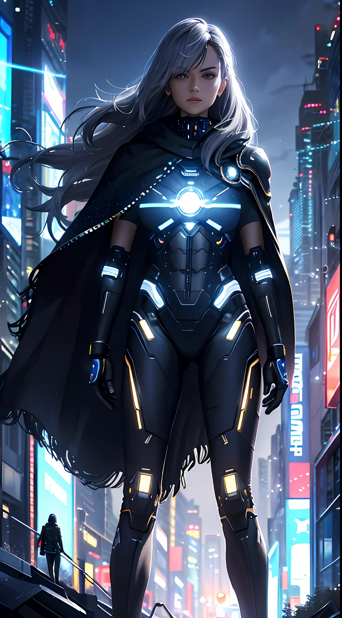 Masterpiece, best quality, 4k, cyborg female, starry sky, stars \ (sky\), cables instead of hair, slim legs, cape, long hair, gray hair, cyberpunk, depth of field, ray tracing, reflections