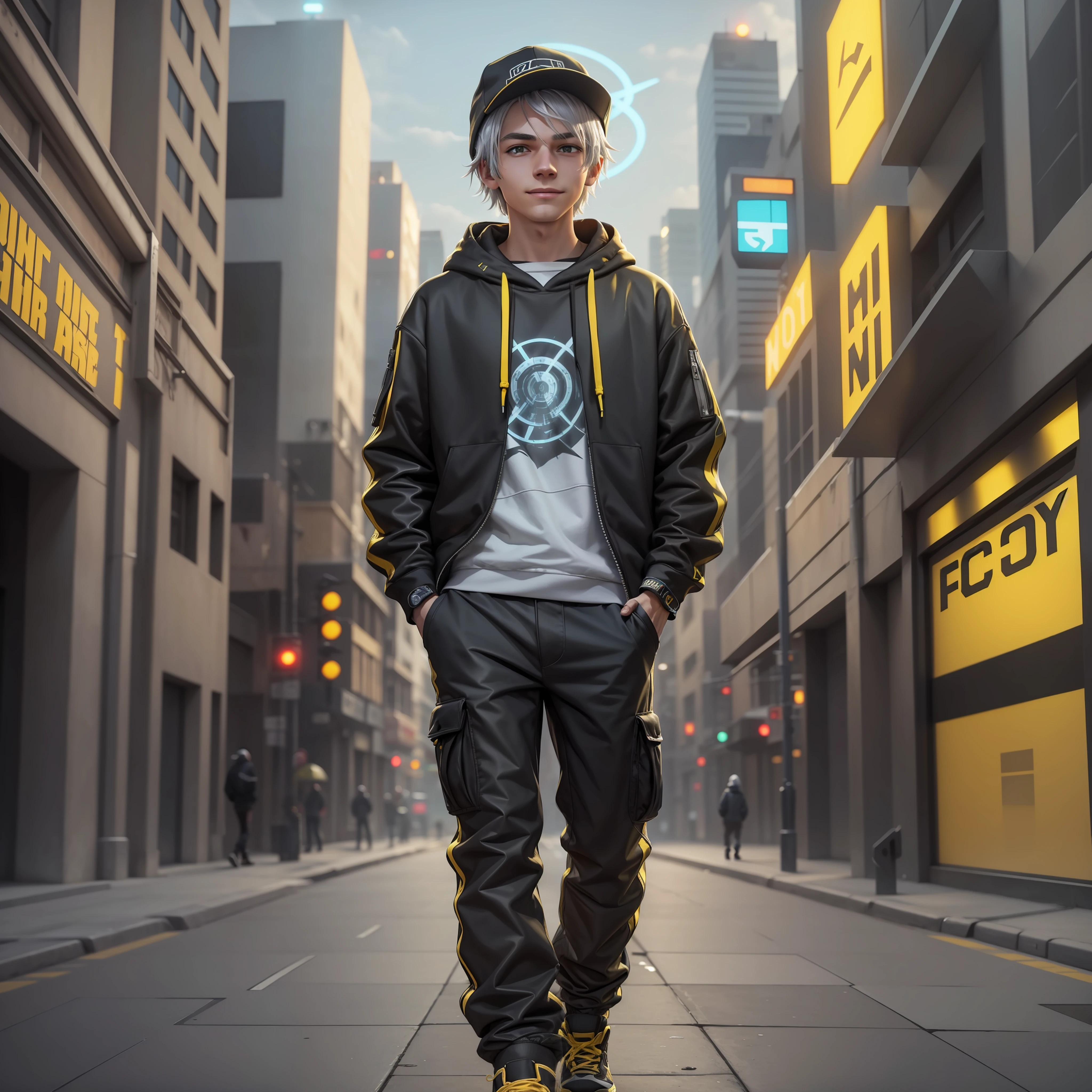 (Masterpiece, High Quality: 1.4), (Young Boy, Silver Hair, Black Eyes, Yellow Sweatshirt,, Black Pants, Sweatshirt Hat on Head), Bad Smile, ((Full Body)), (Hands in Pockets), Cyberpunk Street Background, Powerful Halo, C4D Rendering Style, 8k, 64K, HD, Unparalleled Masterpiece, Dynamic Lighting, Movies, Epics, Highest Quality Digital Art