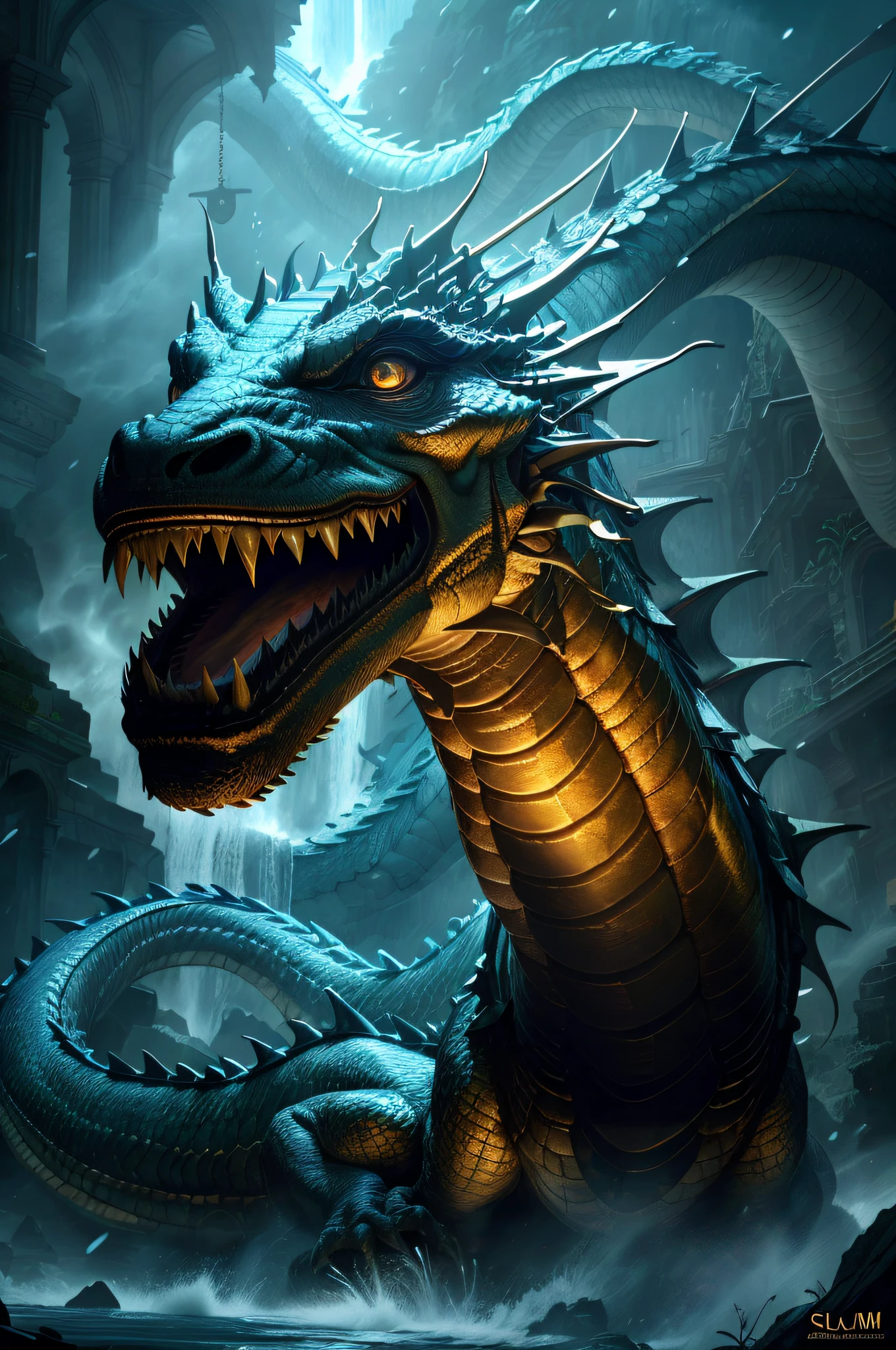 ((Pretty girl in front of the dragon 1, Armor)), ((Dragon with an elongated neck and huge wings behind the girl)), highly detailed CG Unity 8K wallpaper), (Best Quality: 1.2), (High Definition), (Illustration: 1.1), (Cinematic Light: 1.1), Fine-grained, Intricate Detail, (Best Illustration), 8K Resolution, Intricate Detail, Best Quality, Realistic, Ultra detailed, best illumination, best shadows, UltraHD, Cryengine, Detailed reflections, Detailed shadows, ((Complex detail)))), smooth, (Perfect shading)), high quality metal textures, metallic gloss, highly detailed illustrations, (Semi-realistic: 1.6), (Wide shot: 1.2), (from below, Dutch Angle), (Beautiful Eyes in Detail: 1.1), (Lifelike Body: 1.2), Watch the Viewer, ((Golden Giant Dragon: 1.6)), (Glowing Eyes\[Magic Square of Eyes [Yellow\]), Silvery Long Hair, Hairs Between Eyes, Sigma 135mm Lens, (Giant Waterfall Background), Dynamic Camera Angles, (Warzone), (High Quality Detailed Ruins)), ( depth of field), ((cinematic lighting)), ((horror)), ((dark fantasy)), love clafchan, spot color, splash blood, (best illumination), (very complex detail), ((ultra detail)), 4K unity, (highly detailed CG: 1.2), (8k: 1.1), (landscape), art station, (( Sui Ishida, Wen Jun Lin, Stefan Morel)), Dystopian Art, Apocalyptic Art, (Semi-Realism), (Dynamic), (nixeu_basic 2:0.5)