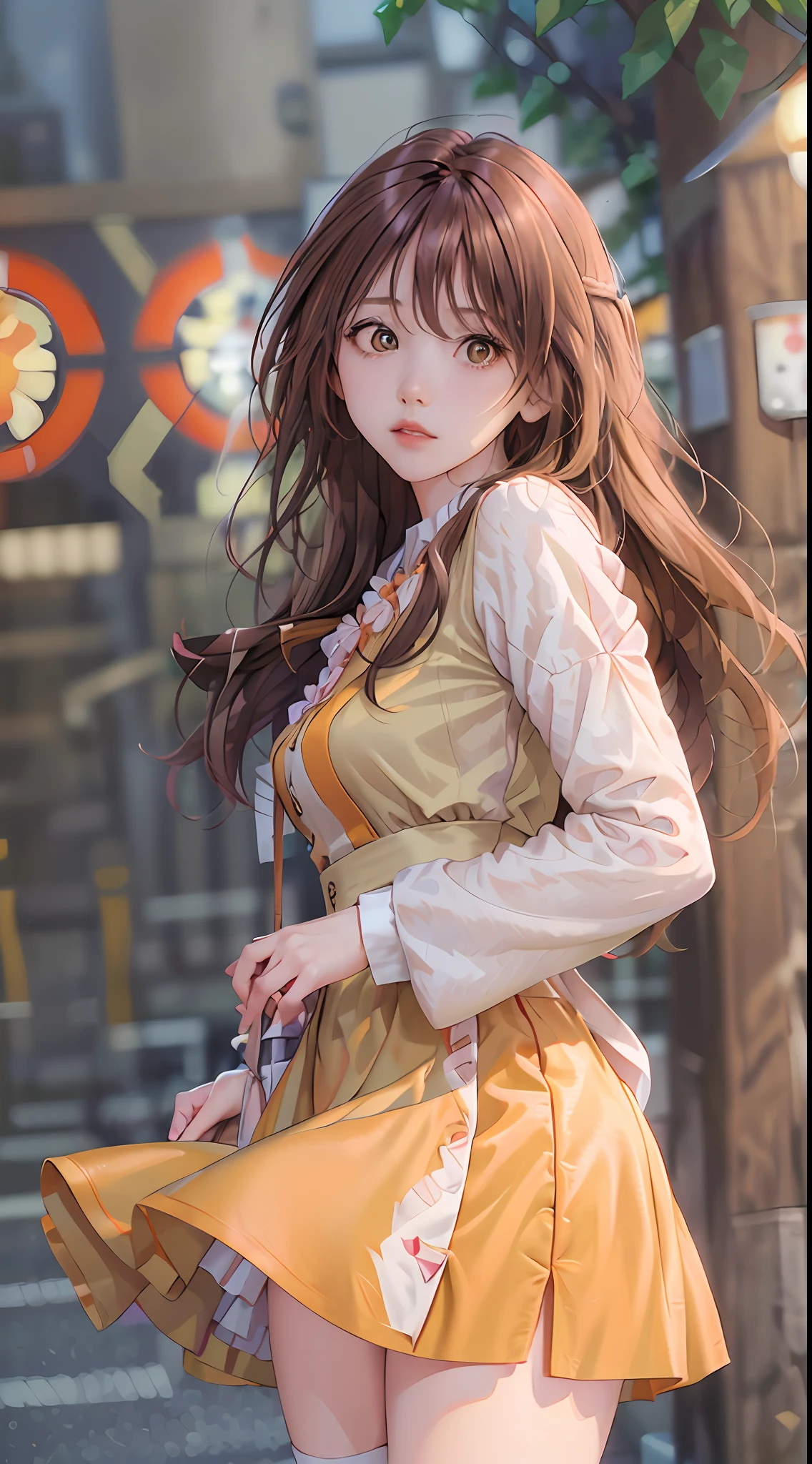 (gradient hair, dutch angle:1.3), film grain, chromatic aberration, city centre, masterpiece, best quality, raw photo, photorealistic, absurdres, 1girl, cute, perspective, cowboy shot, highres, ultra detailed, finely detail, detailed eyes and face, sharp pupils, realistic pupils, sharp focus, summer, night,