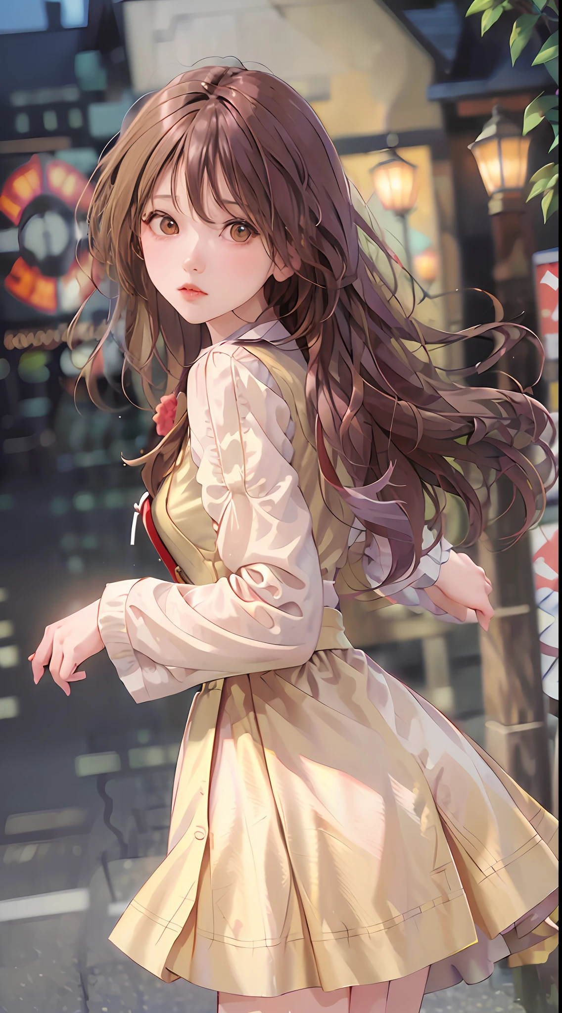 (gradient hair, dutch angle:1.3), film grain, chromatic aberration, city centre, masterpiece, best quality, raw photo, photorealistic, absurdres, 1girl, cute, perspective, cowboy shot, highres, ultra detailed, finely detail, detailed eyes and face, sharp pupils, realistic pupils, sharp focus, summer, night,