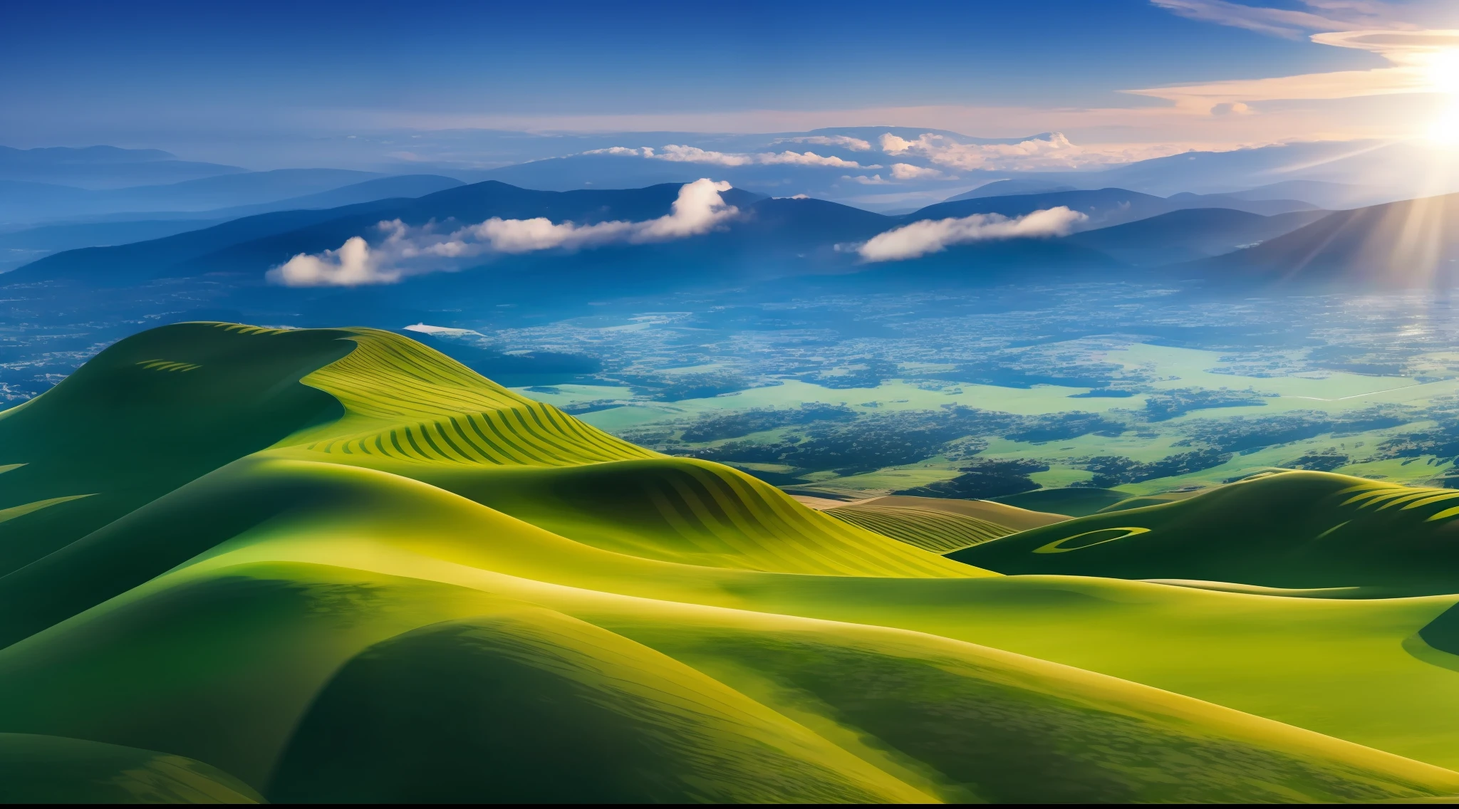 mountain with grass in low part, on top on mountain have cloud, Surrealism, modern, Realism, Verism, ray tracing, reflection light, cinematic lighting, god rays, backlighting, panorama, from outside, retina, high details, best quality, highres, award winning, super detail, ccurate