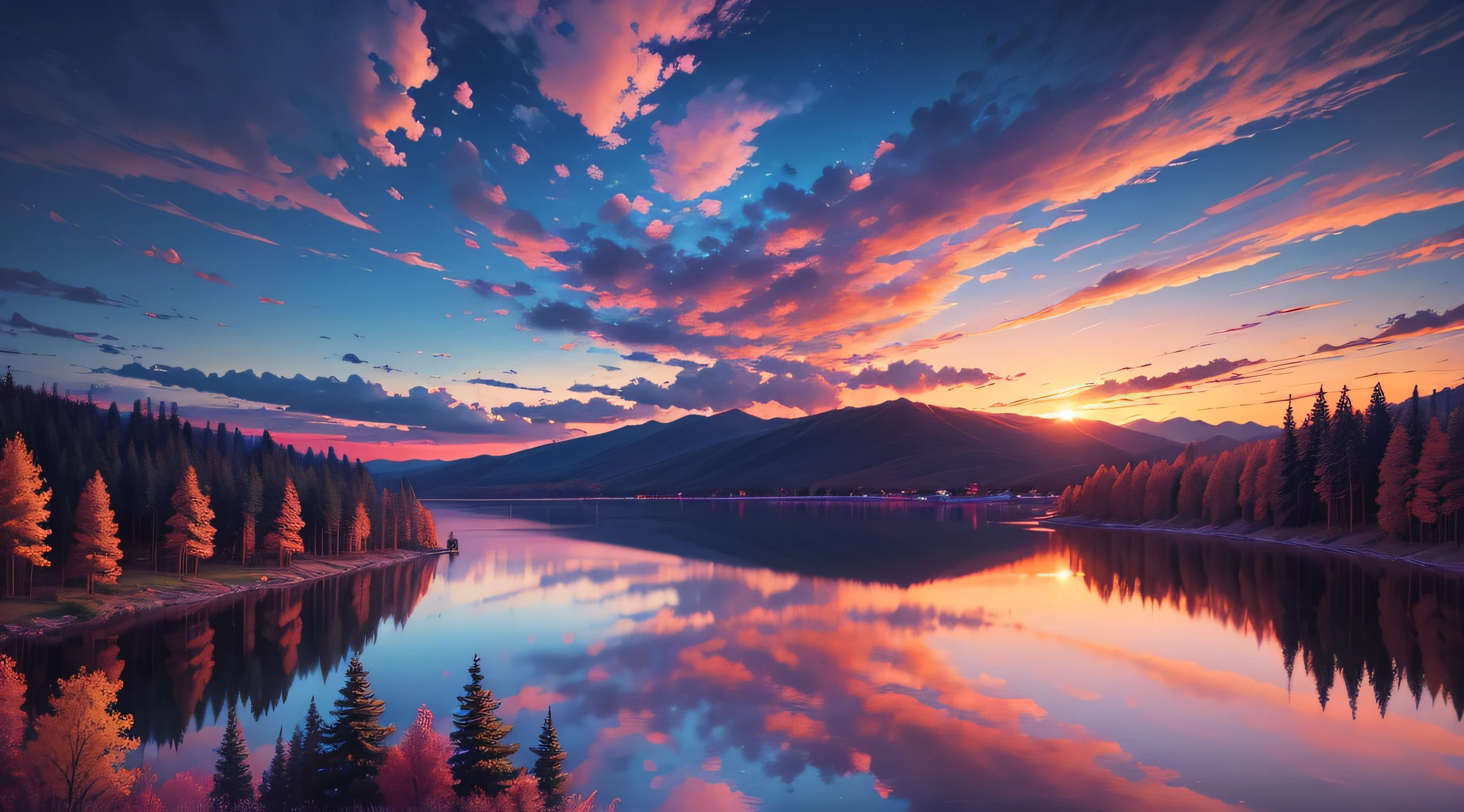 there is a beautiful sunset with a lake and trees in the background, colorful skies, surreal colors, colorful sunset, colorful sky, marvellous reflection of the sky, stunning sky, dream like atmosphere 8k, colorful clouds, colors reflecting on lake, surreal sky, red and blue reflections, fire reflection, beautiful sky, beautiful and spectacular dusk, beautiful dreamy landscape, amazing sky --auto --s2