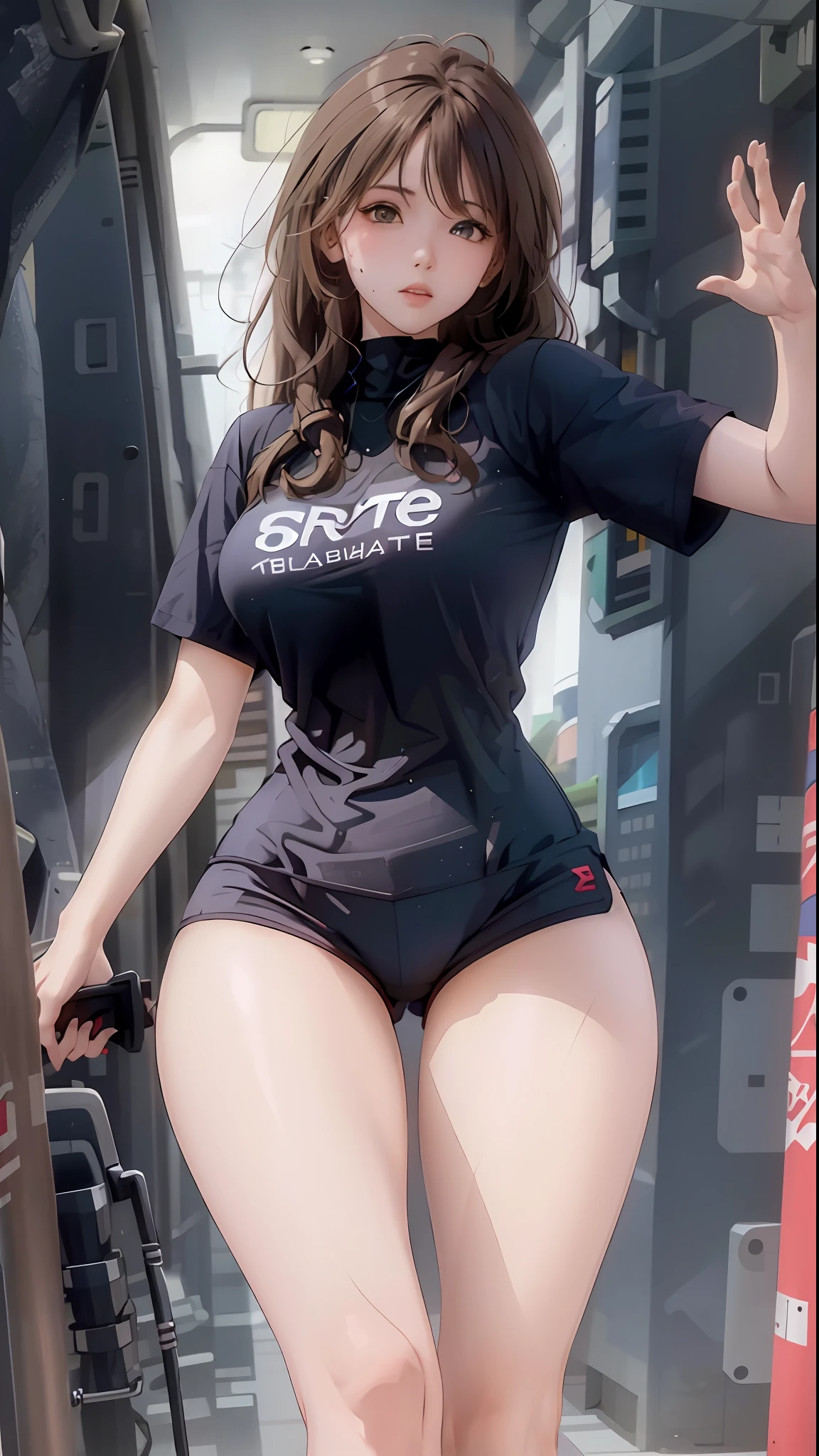 Woman body defined thick thighs cybernetic body parts, short underwear