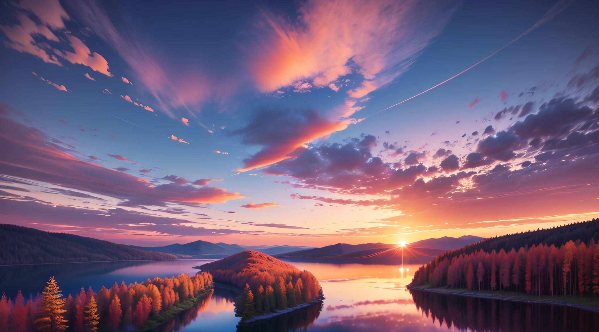 there is a beautiful sunset with a lake and trees in the background, colorful skies, surreal colors, colorful sunset, colorful sky, marvellous reflection of the sky, stunning sky, dream like atmosphere 8k, colorful clouds, colors reflecting on lake, surreal sky, red and blue reflections, fire reflection, beautiful sky, beautiful and spectacular dusk, beautiful dreamy landscape, amazing sky --auto --s2
