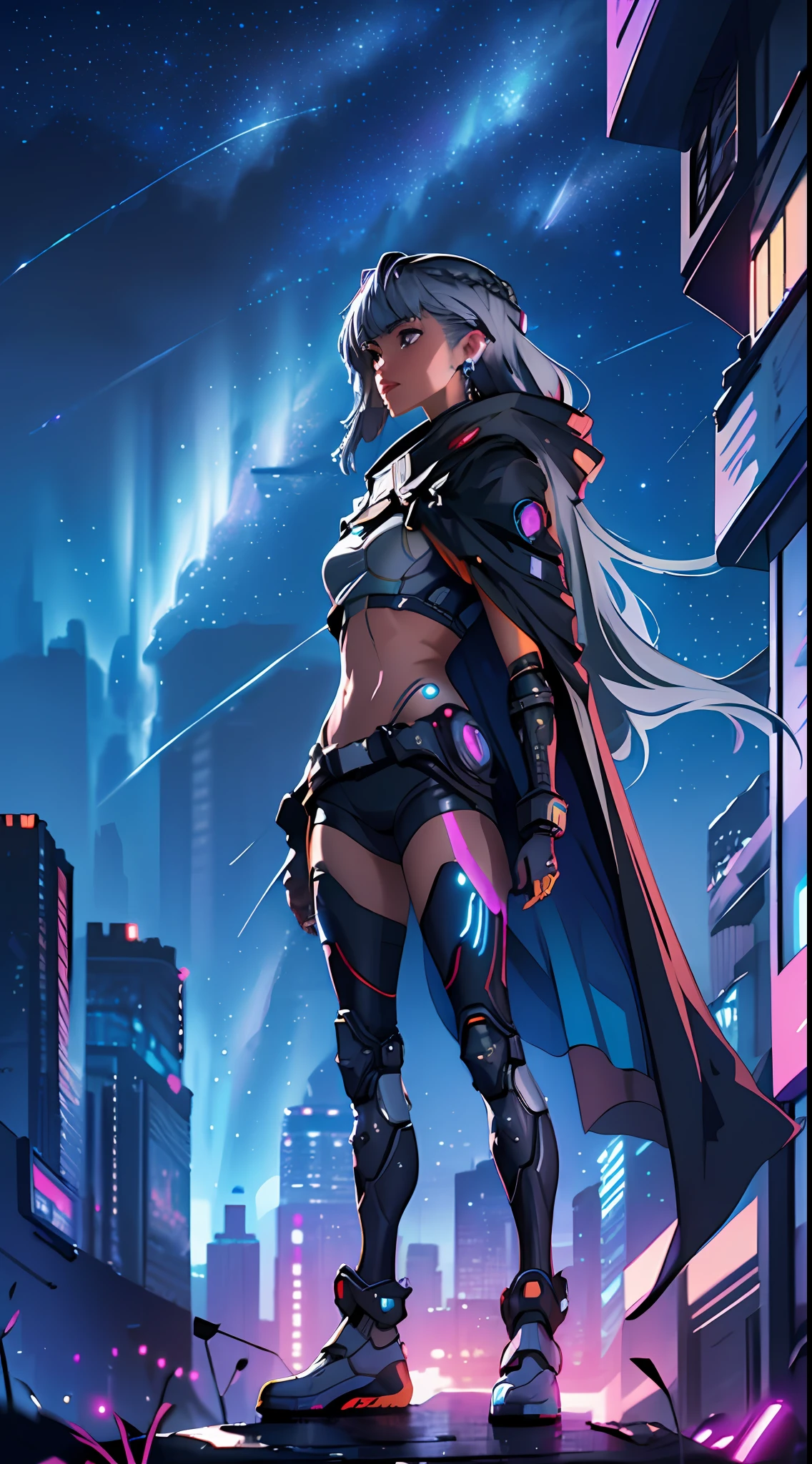 Masterpiece, best quality, 4k, cyborg female, starry sky, stars \ (sky\), cables instead of hair, slim legs, cape, long hair, gray hair, cyberpunk, depth of field, ray tracing, reflections