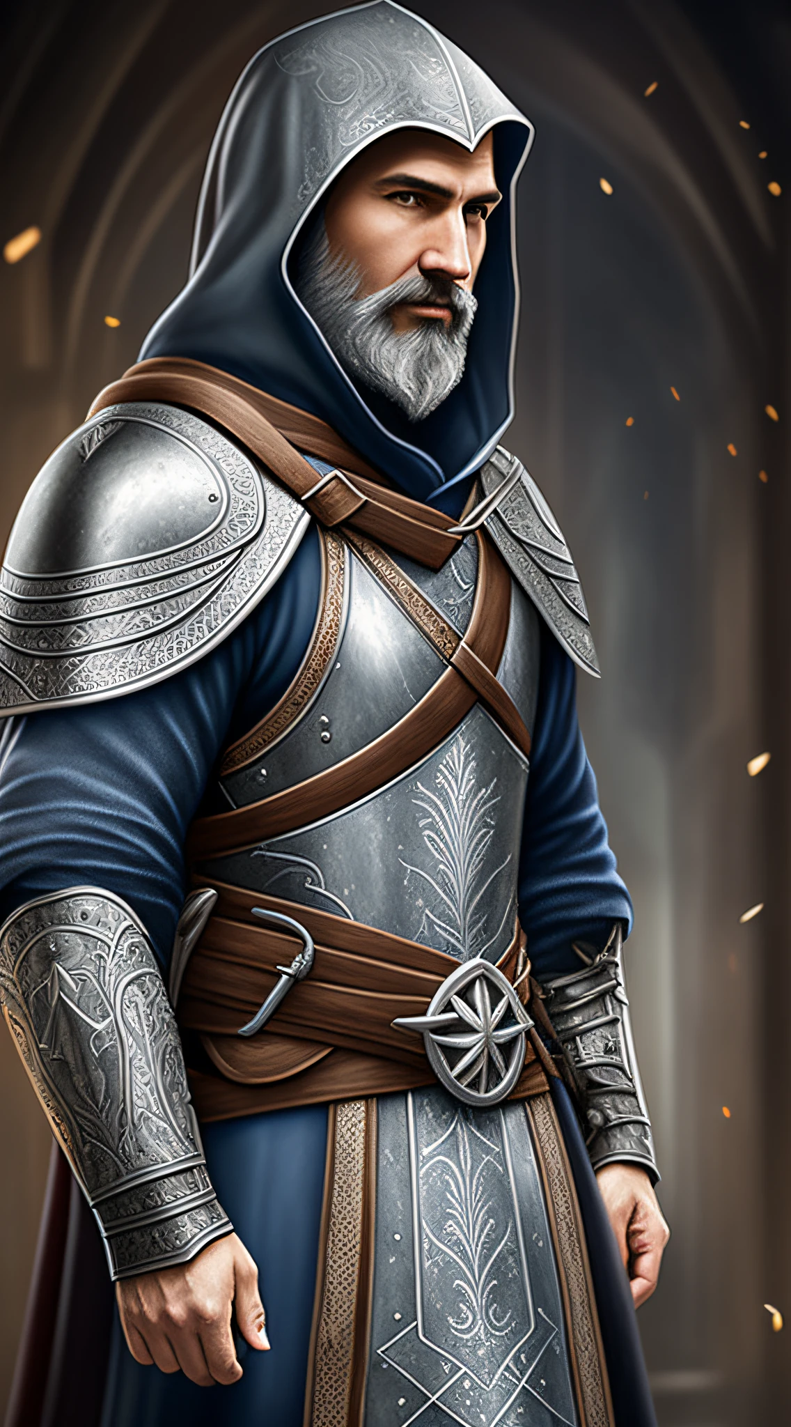 (realistic oil art, image up to the waist, 40-year-old man, British, gray hair, long beard, gray beard), plate armor, ezio auditore tunic, hooded, medieval clothing, blue, black, brown, utility belt, critical camera, blurred background, warm light, more details in clothing, strong leftovers, guard pose