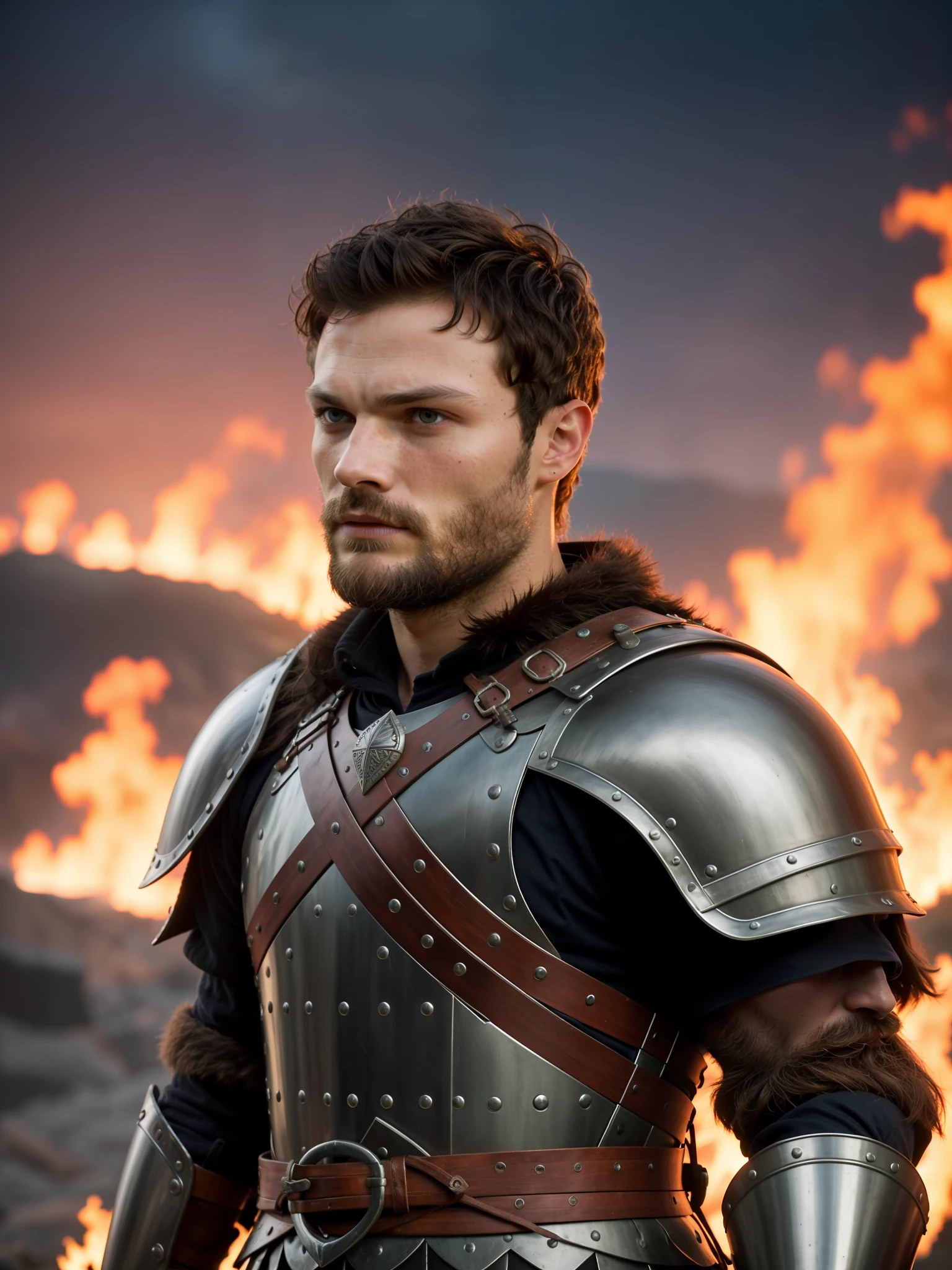 Create a fierce Viking warrior, wearing armor, Jamie Dornan, very handsome and attractive, strong and muscular, short dark hair, tan, dark beard, 8k resolution, best quality, similar to actor Jamie Dornan, standing in front of a burning village, cliffs, close up, attack pose and attitude.